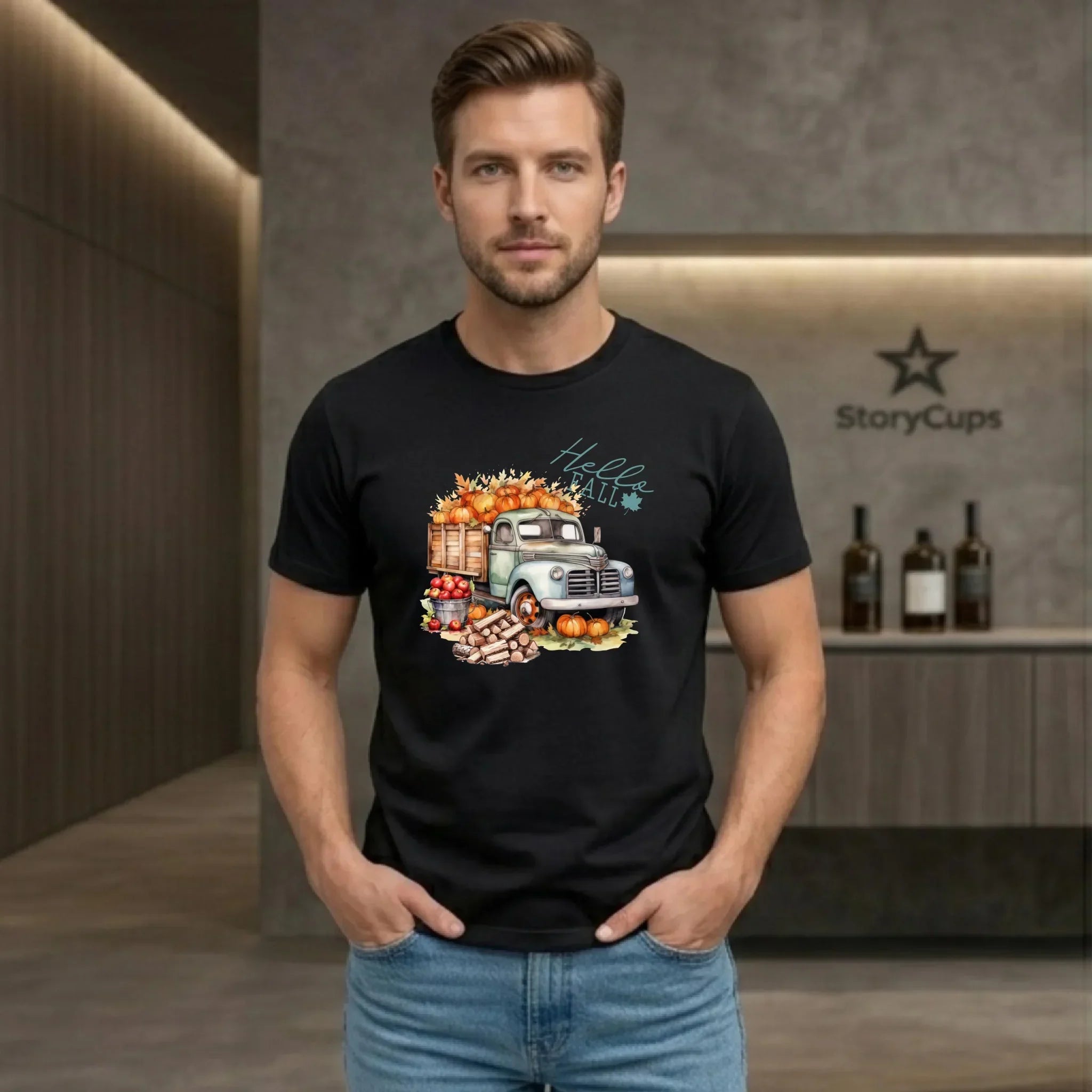 Koszulka męska jesienna – Hello Fall ciężarówka z dyniami JS08 - StoryCups.pl