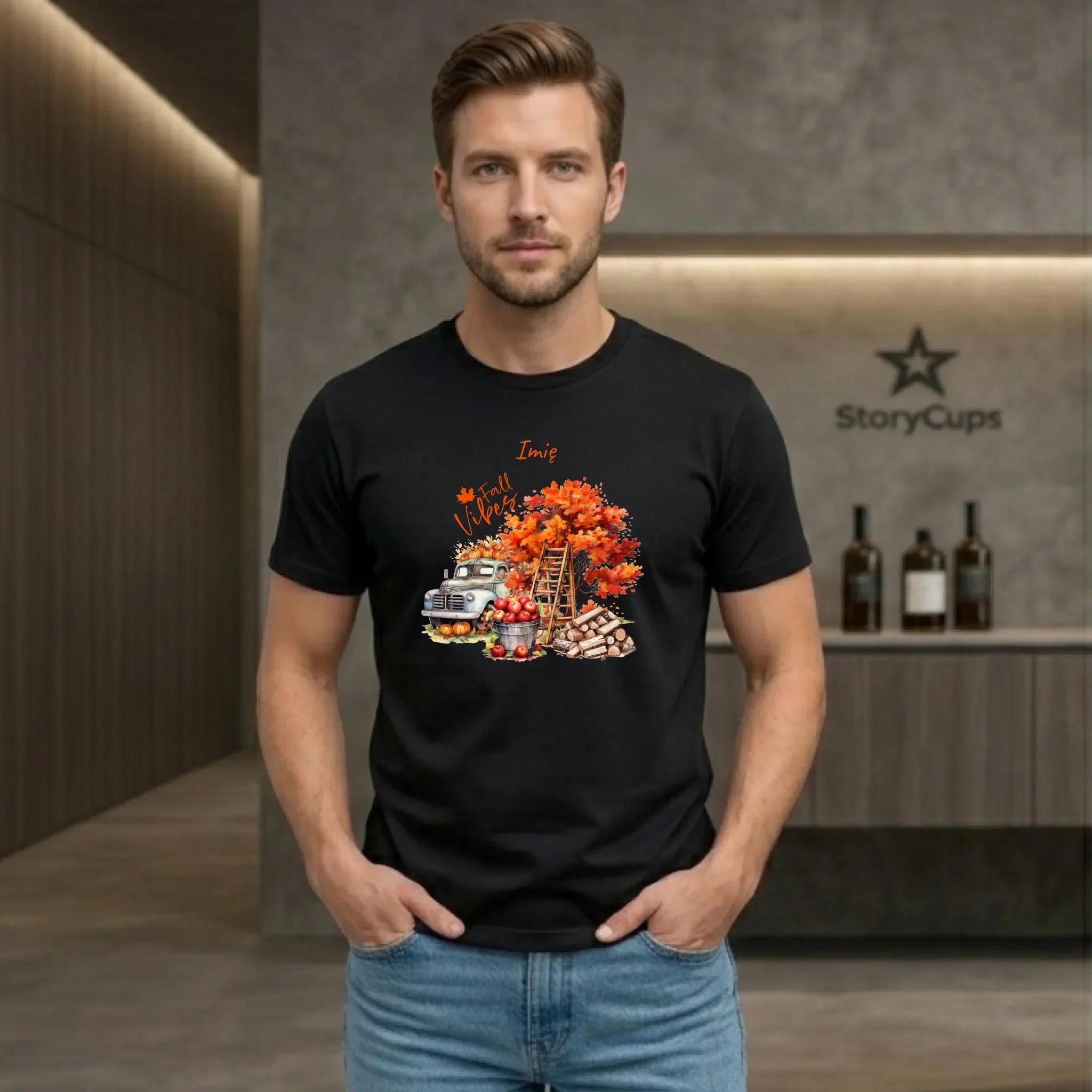 Koszulka męska jesienna – Vintage auto dynie i jabłka – personalizowana JS07 - StoryCups.pl