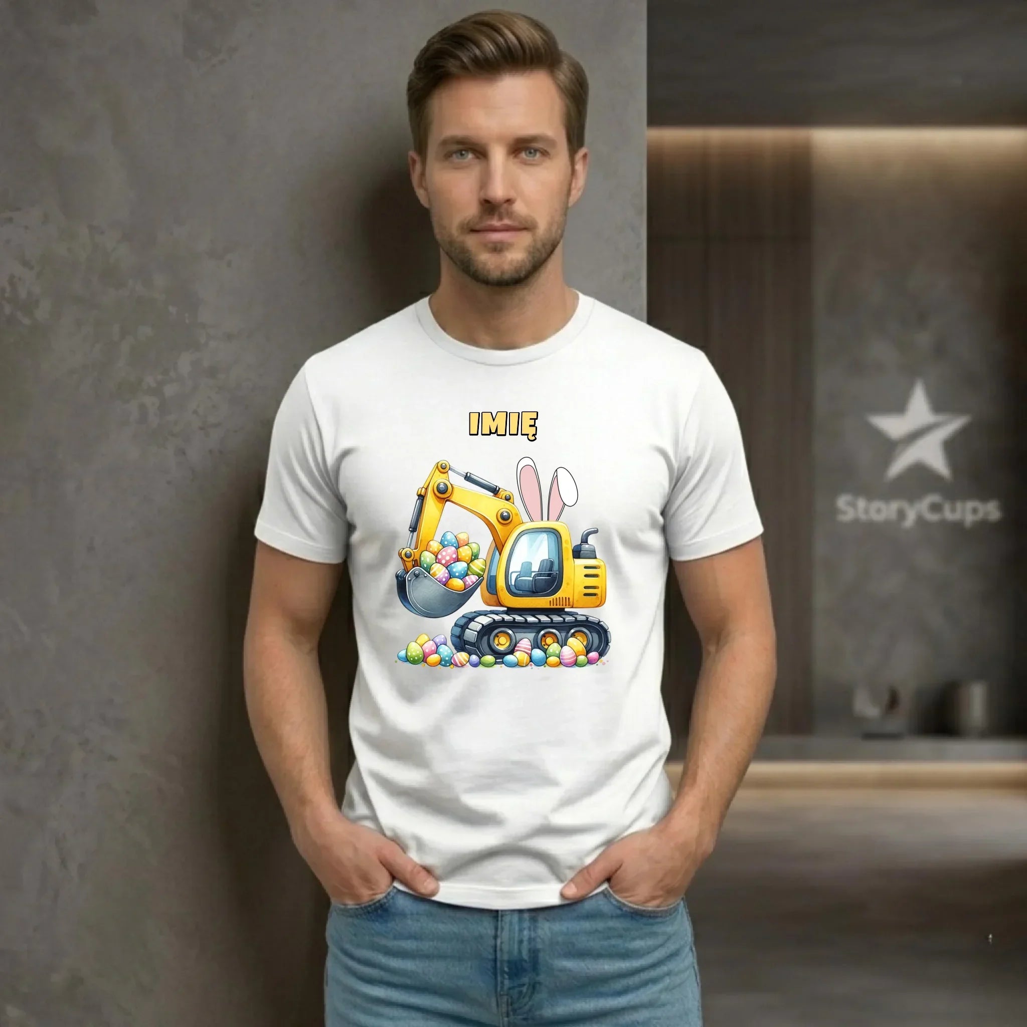 Koszulka męska na Wielkanoc - Koparka z pisankami - personalizowana WN17 - StoryCups.pl