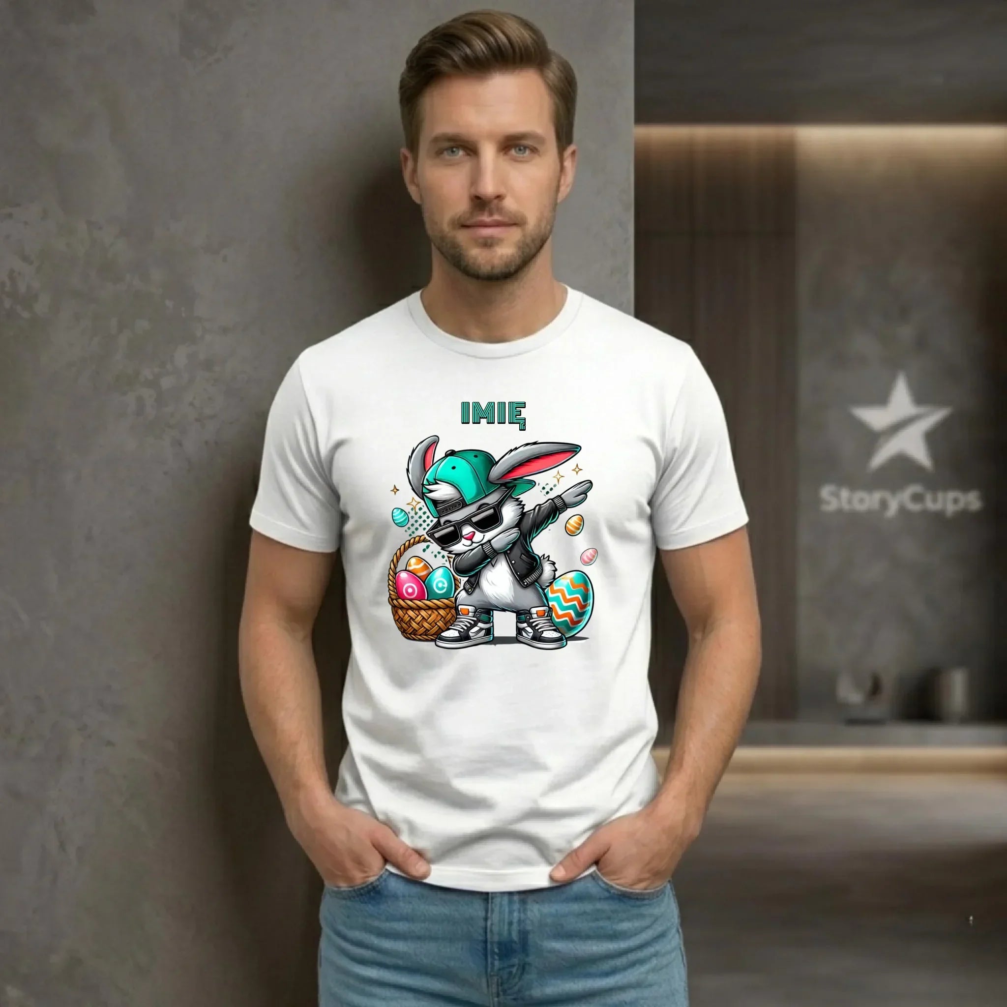Koszulka męska wielkanocna - Zajączek Dab dance - personalizowana WN09 - StoryCups.pl