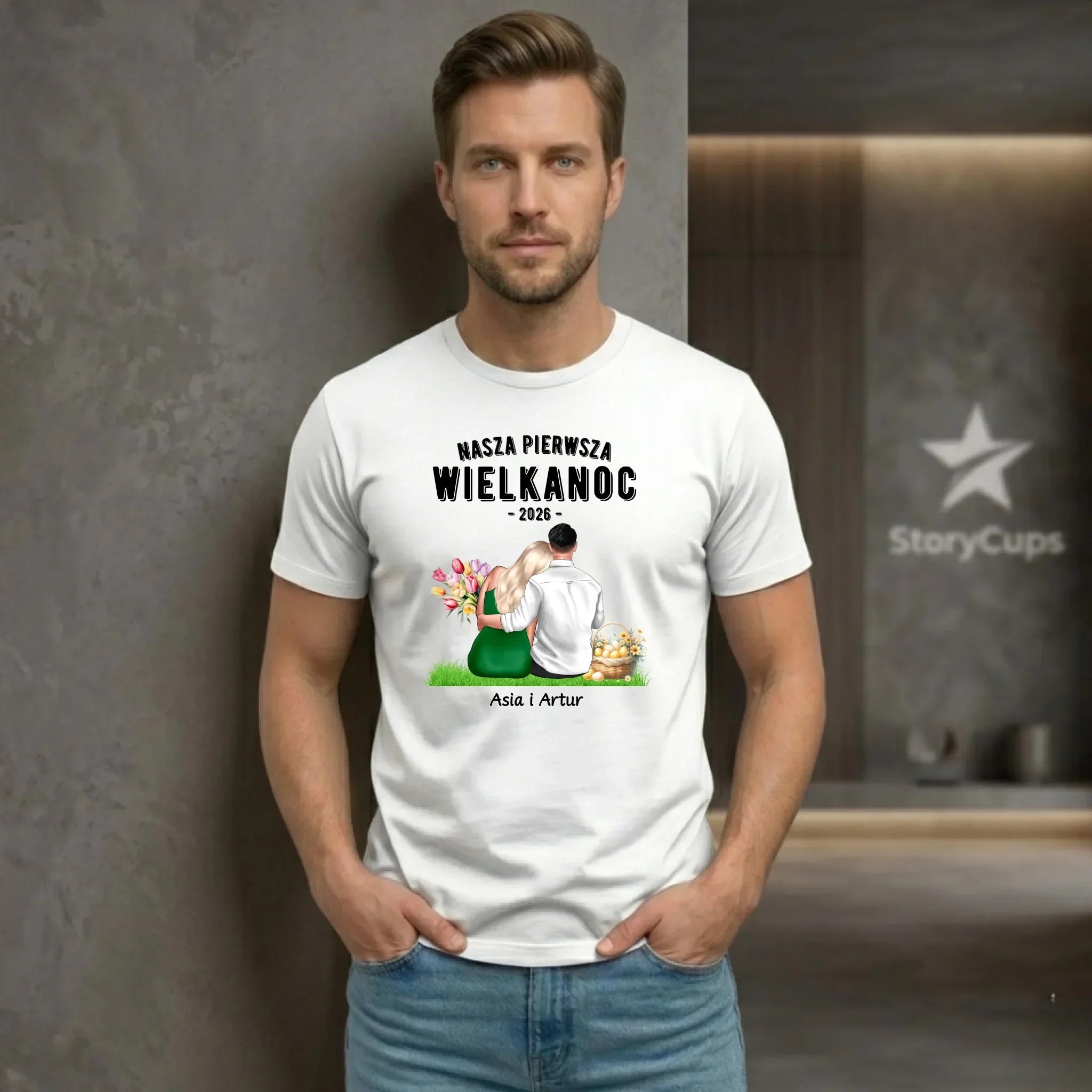 Koszulka męska wielkanocna dla par - Nasza pierwsza Wielkanoc - personalizowana WN16 - StoryCups.pl