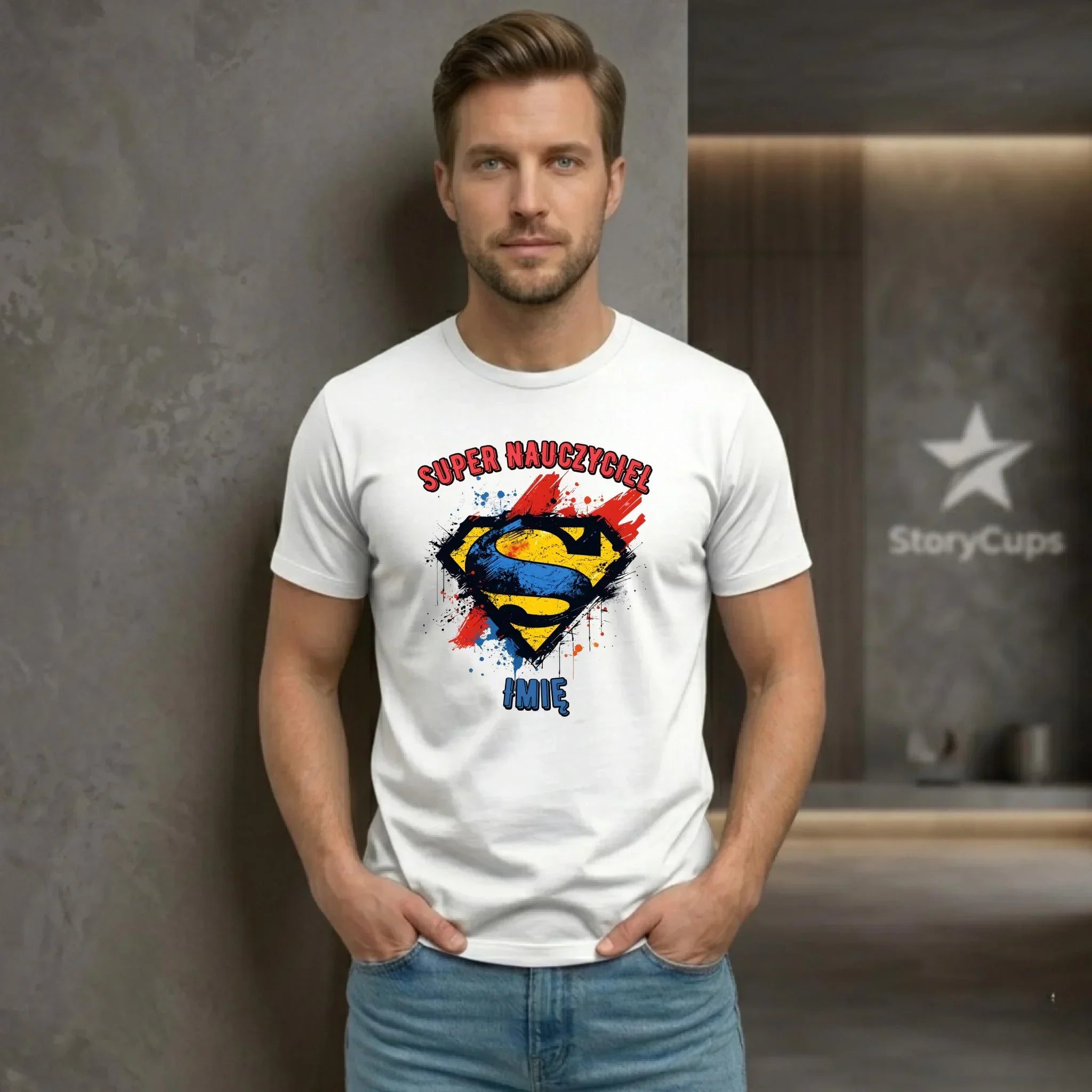 Koszulka męska dla nauczyciela - Super Nauczyciel - personalizowana N28 - StoryCups.pl