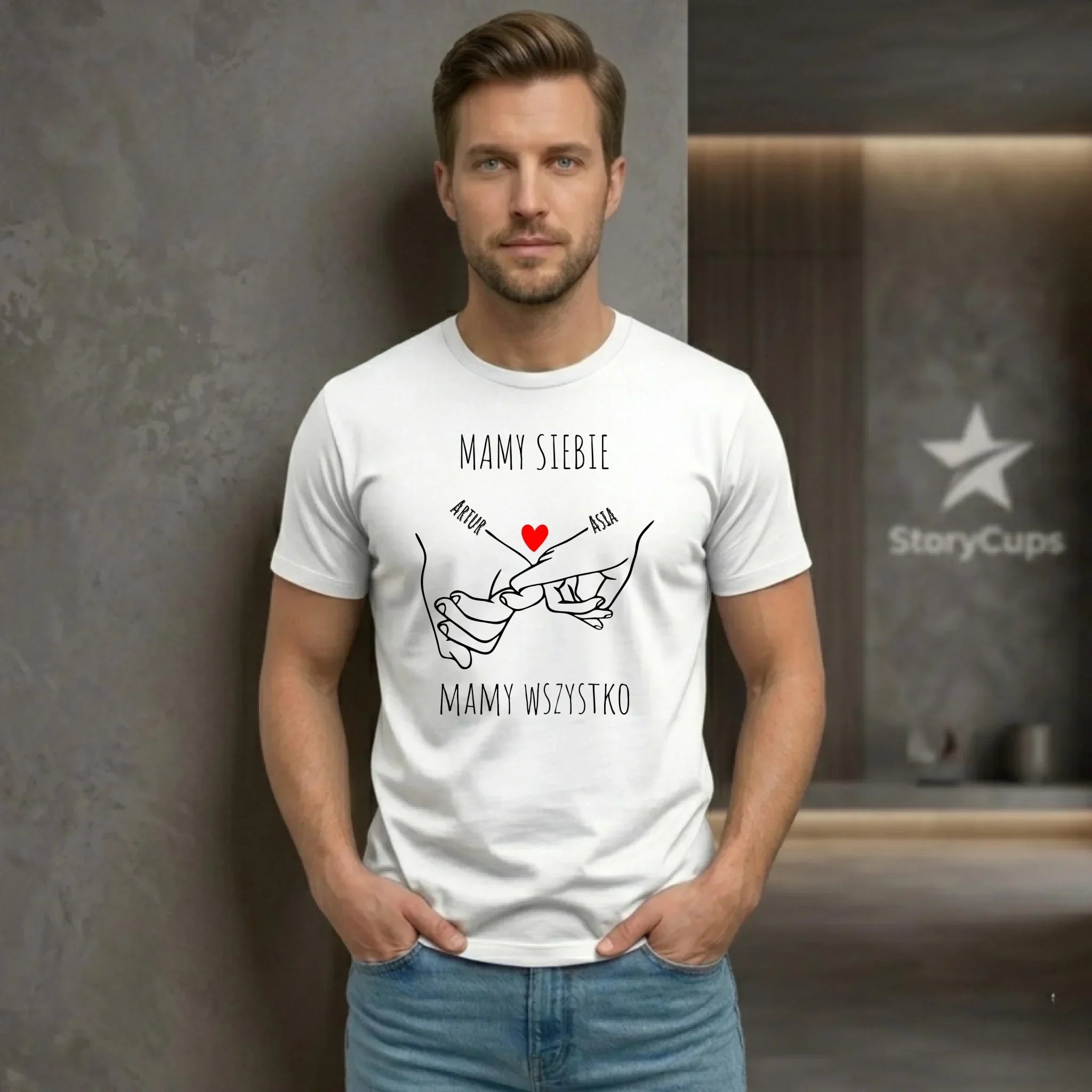 Koszulka męska - Zaplecione ręce mamy siebie mamy wszystko - personalizowana W63 - StoryCups.pl