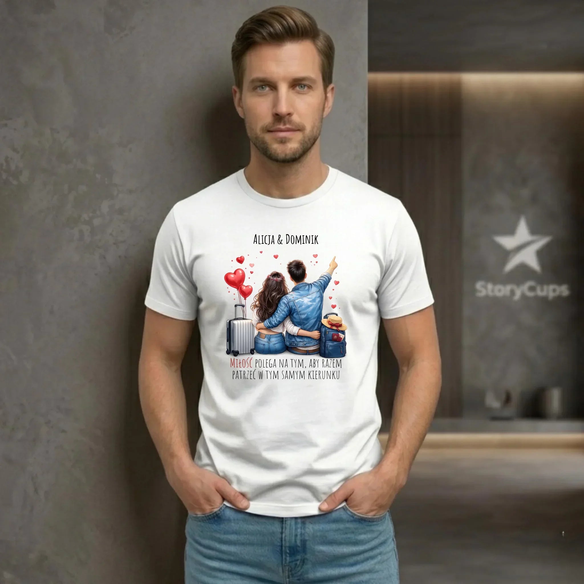 Koszulka męska dla par - Para w podróży miłość - personalizowana W12 - StoryCups.pl