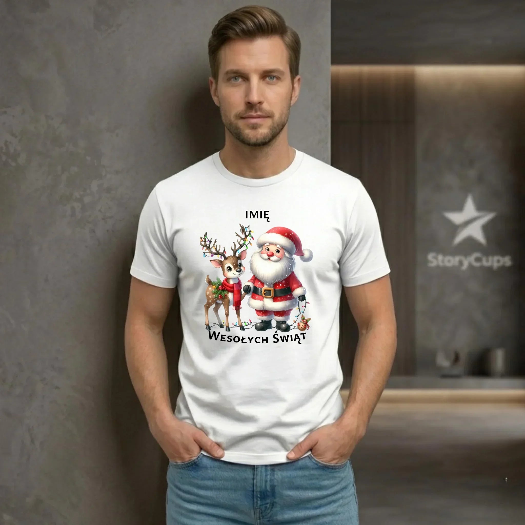 Koszulka męska świąteczna - Mikołaj z reniferem - personalizowana BN09 - StoryCups.pl
