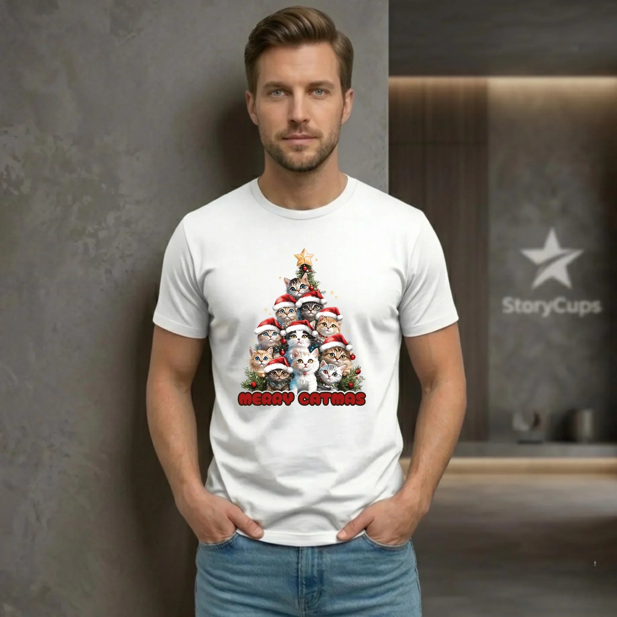 Koszulka męska świąteczna - Kocia choinka Merry Catmas BN20 - StoryCups.pl
