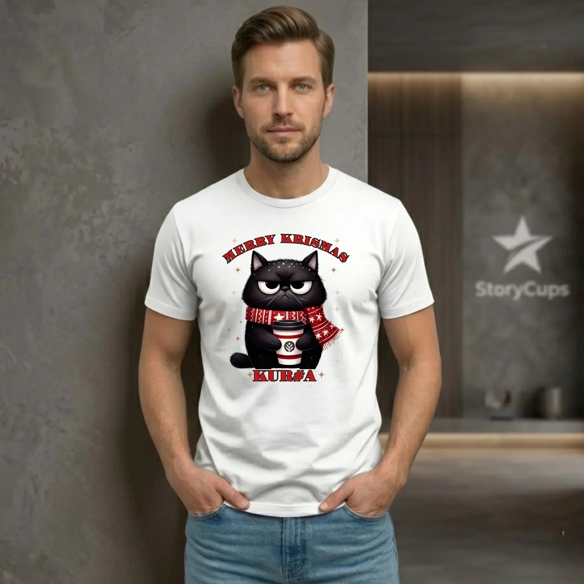 Koszulka męska świąteczna - Zburczany kot Merry Krismas kur#a - bez cenzury BN34 - StoryCups.pl