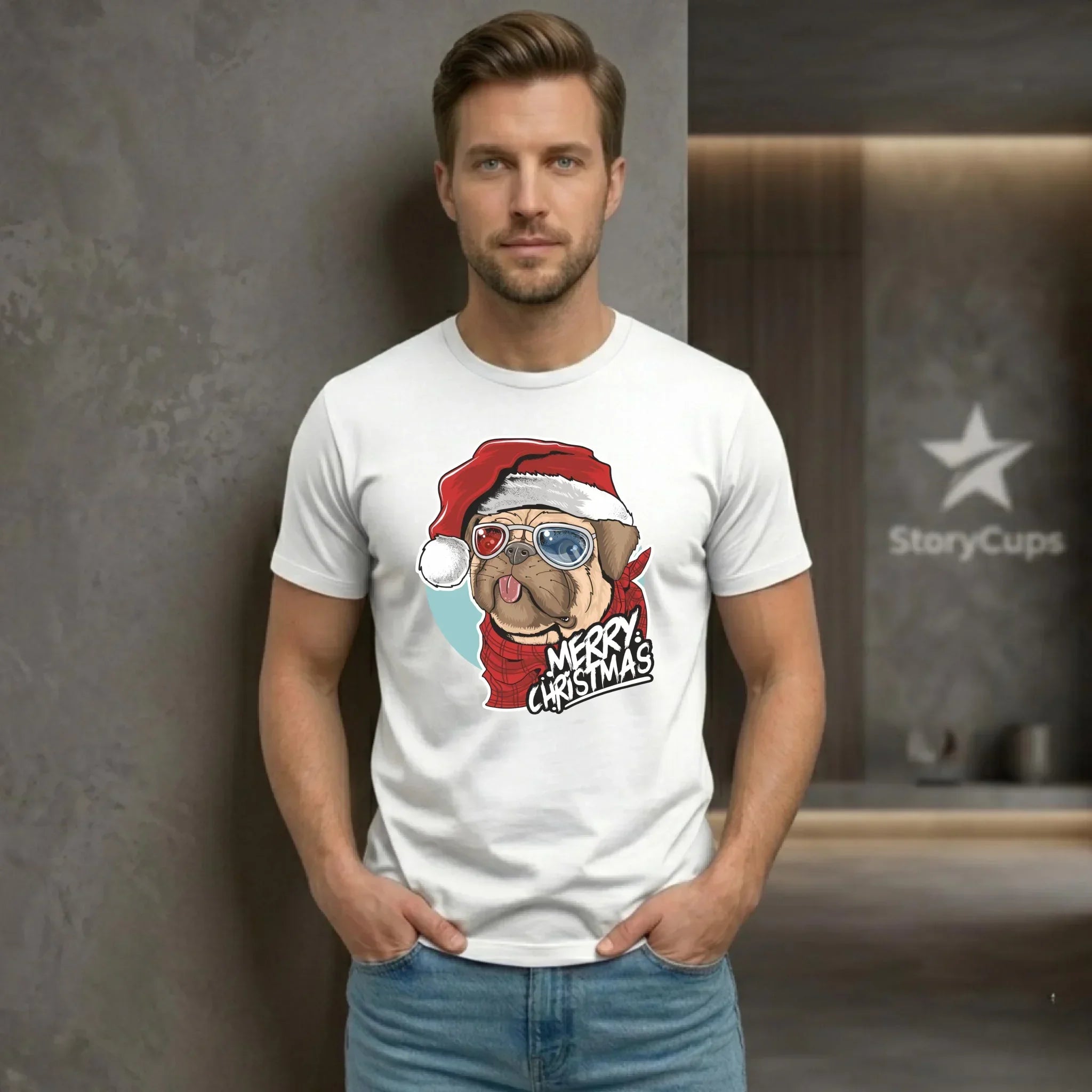 Koszulka męska świąteczna - Mops Merry Christmas BN62 - StoryCups.pl