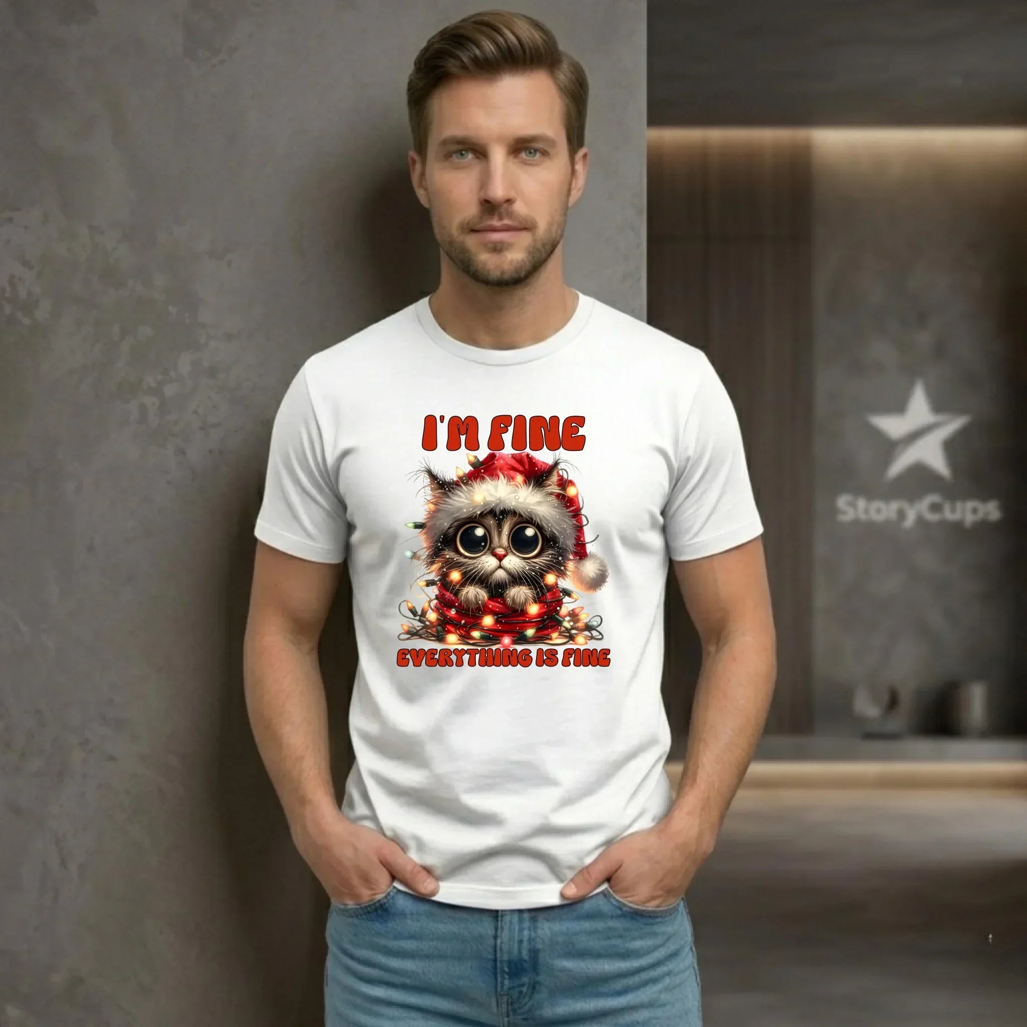 Koszulka męska świąteczna - Kotek I'm fine everything is fine BN67 - StoryCups.pl
