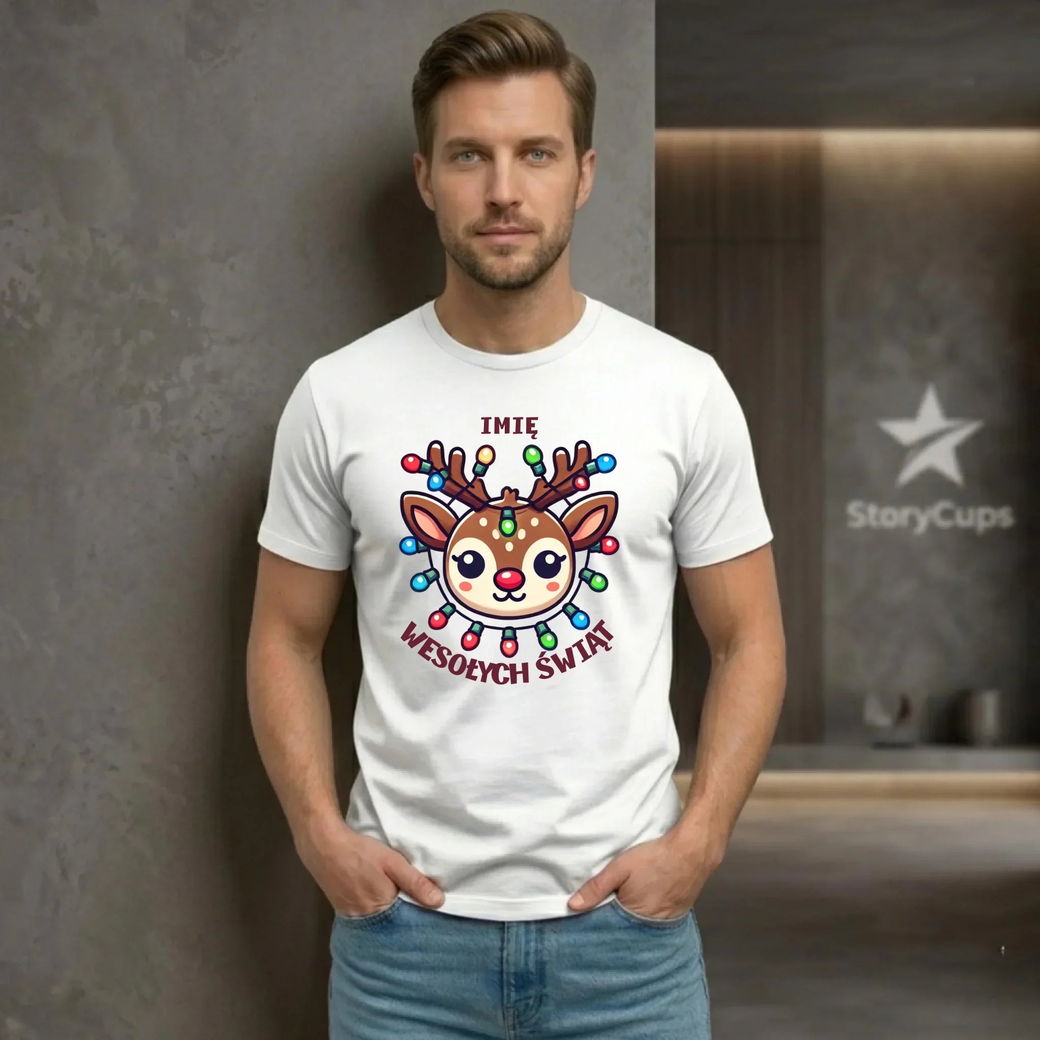 Koszulka męska świąteczna - Renifer Wesołych Świąt - personalizowana BN72 - StoryCups.pl