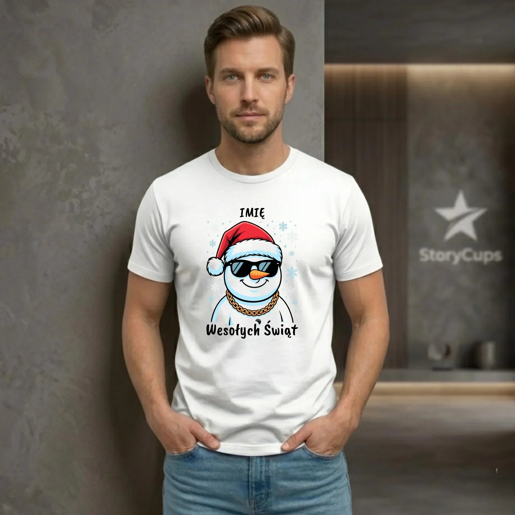 Koszulka męska świąteczna - Wesoły bałwan Wesołych Świąt - personalizowana BN82 - StoryCups.pl
