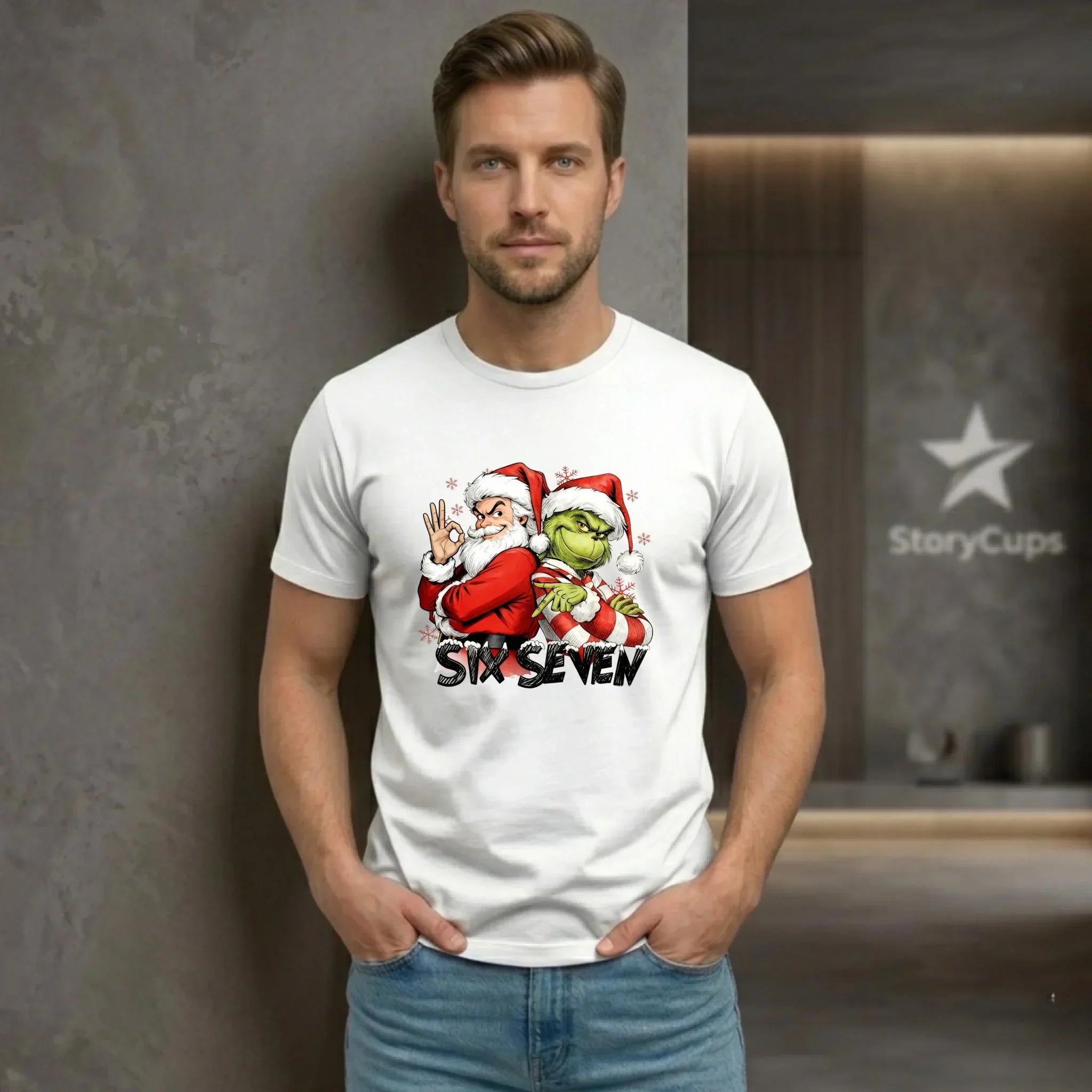 Koszulka męska świąteczna - Mikołaj i Grinch six seven 67 BN148 - StoryCups.pl