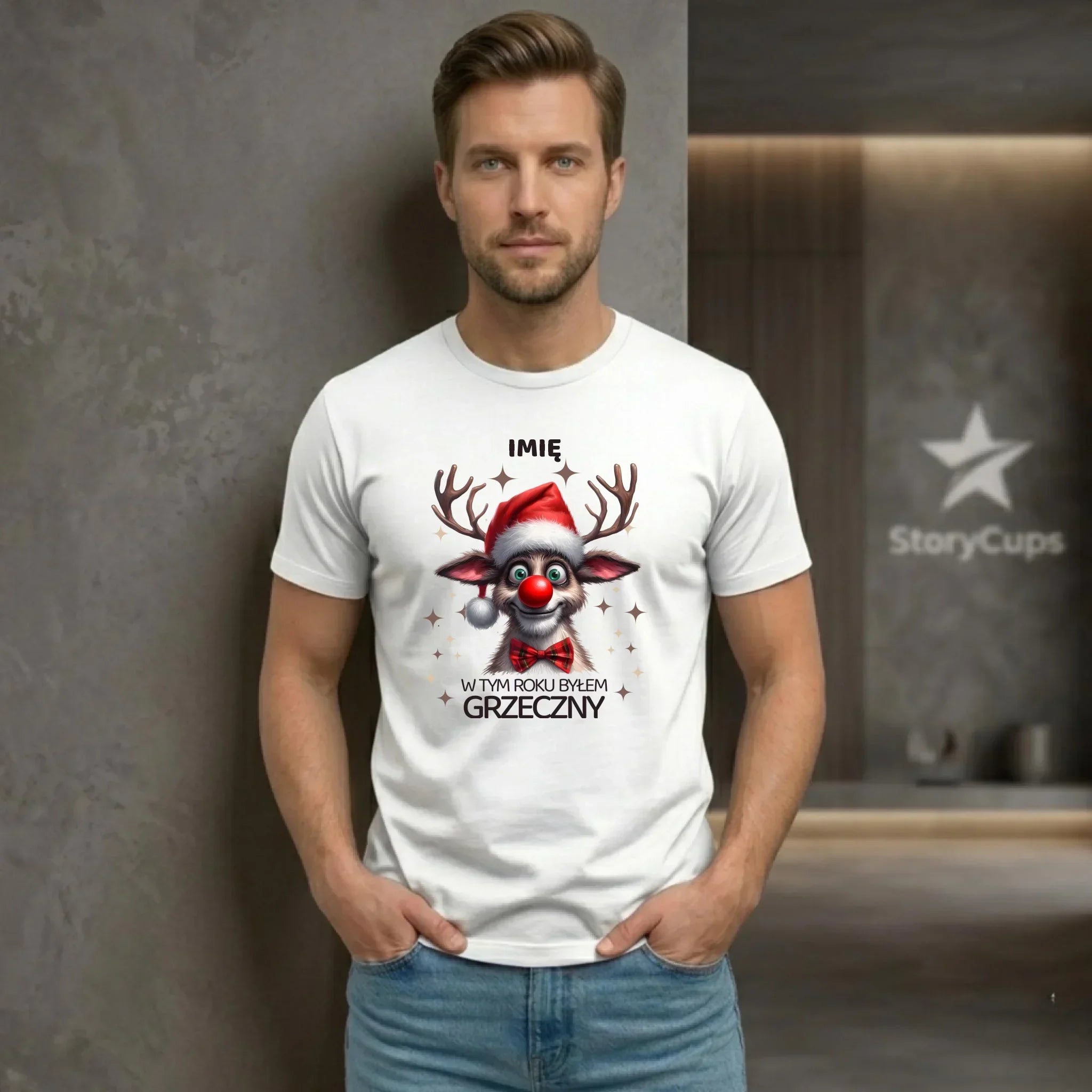 Koszulka męska świąteczna - Renifer W tym roku byłem grzeczny - personalizowana BN96 - StoryCups.pl