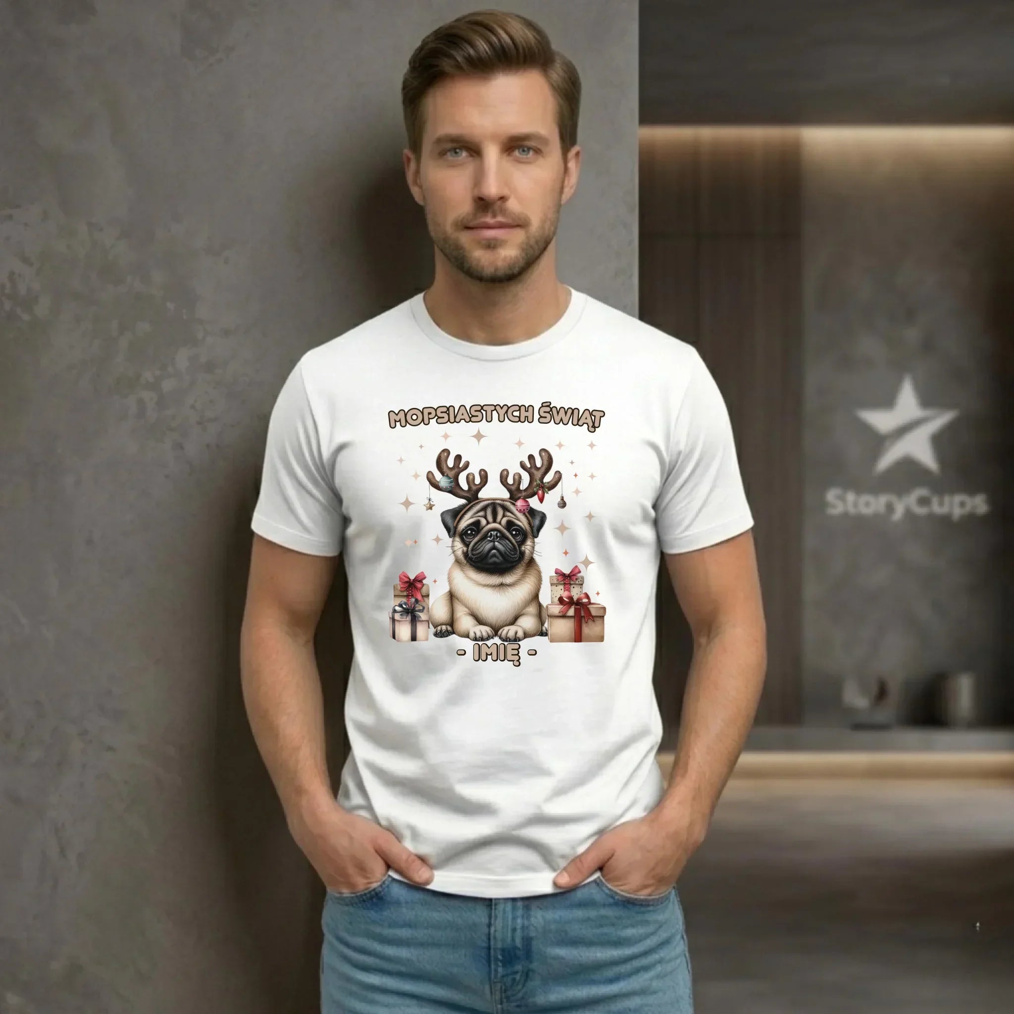 Koszulka męska świąteczna - Mops Mopsiastych świąt - personalizowana BN91 - StoryCups.pl