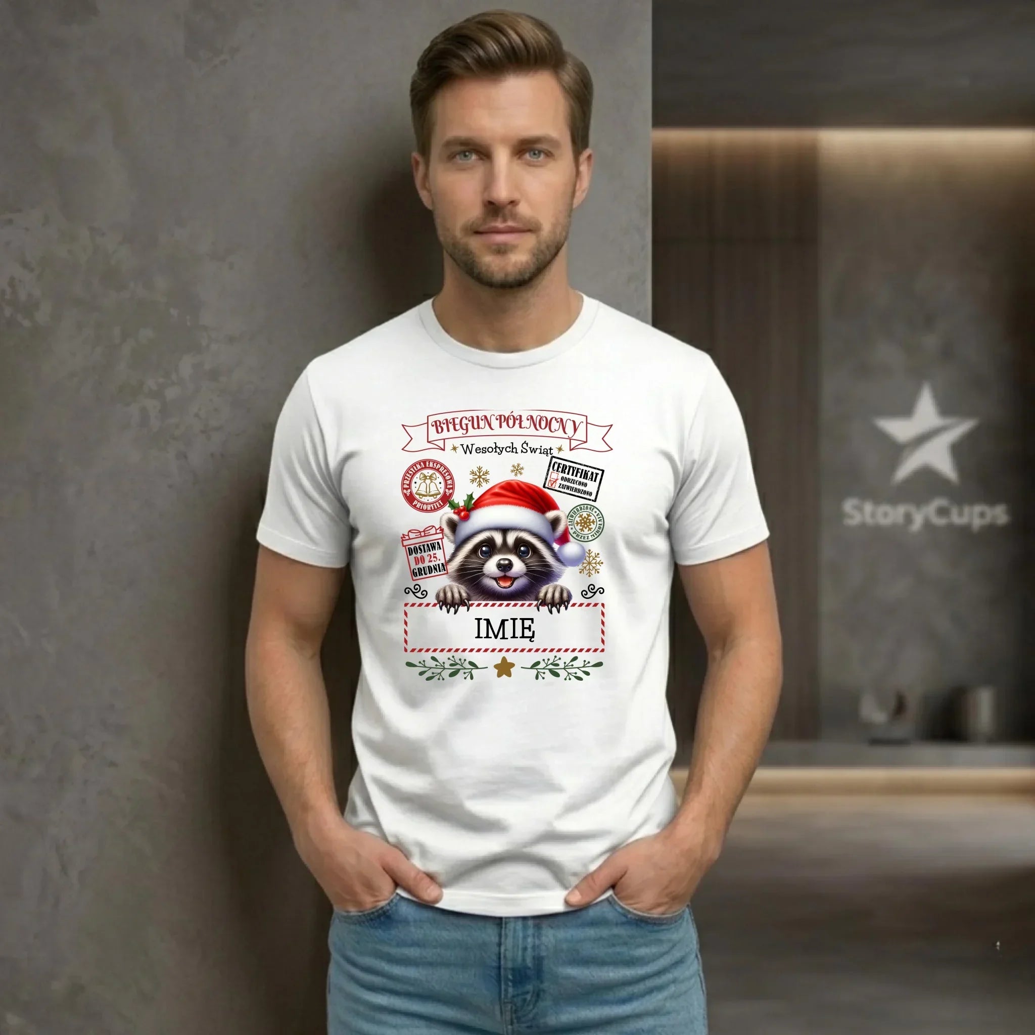 Koszulka męska świąteczna - Szop Paczka od Mikołaja - personalizowana BN145 - StoryCups.pl