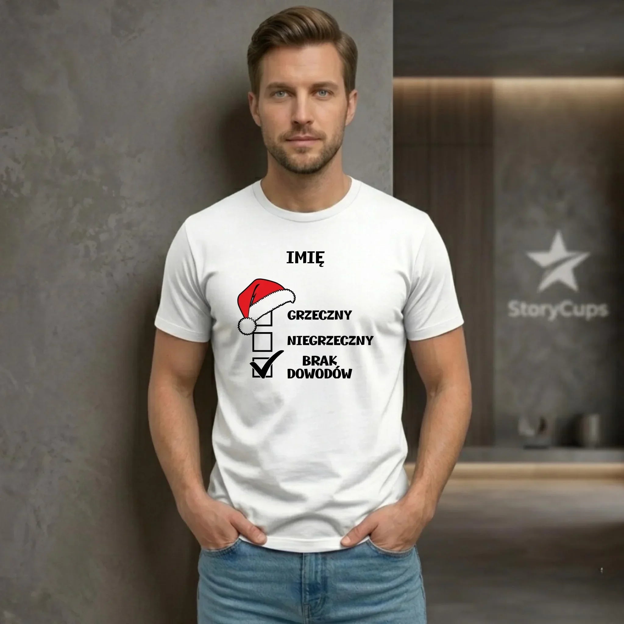 Koszulka męska świąteczna - Grzeczny niegrzeczny brak dowodów - personalizowana BN99 - StoryCups.pl