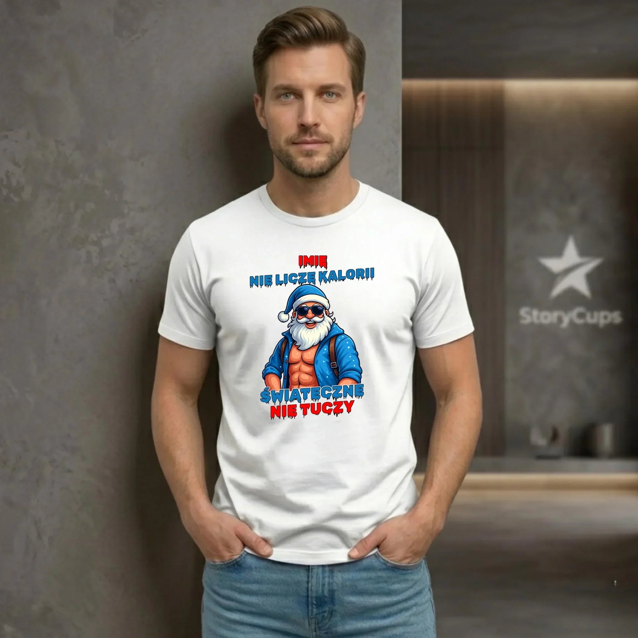 Koszulka męska świąteczna z Mikołajem - Świąteczne nie tuczy - personalizowana BN118 - StoryCups.pl