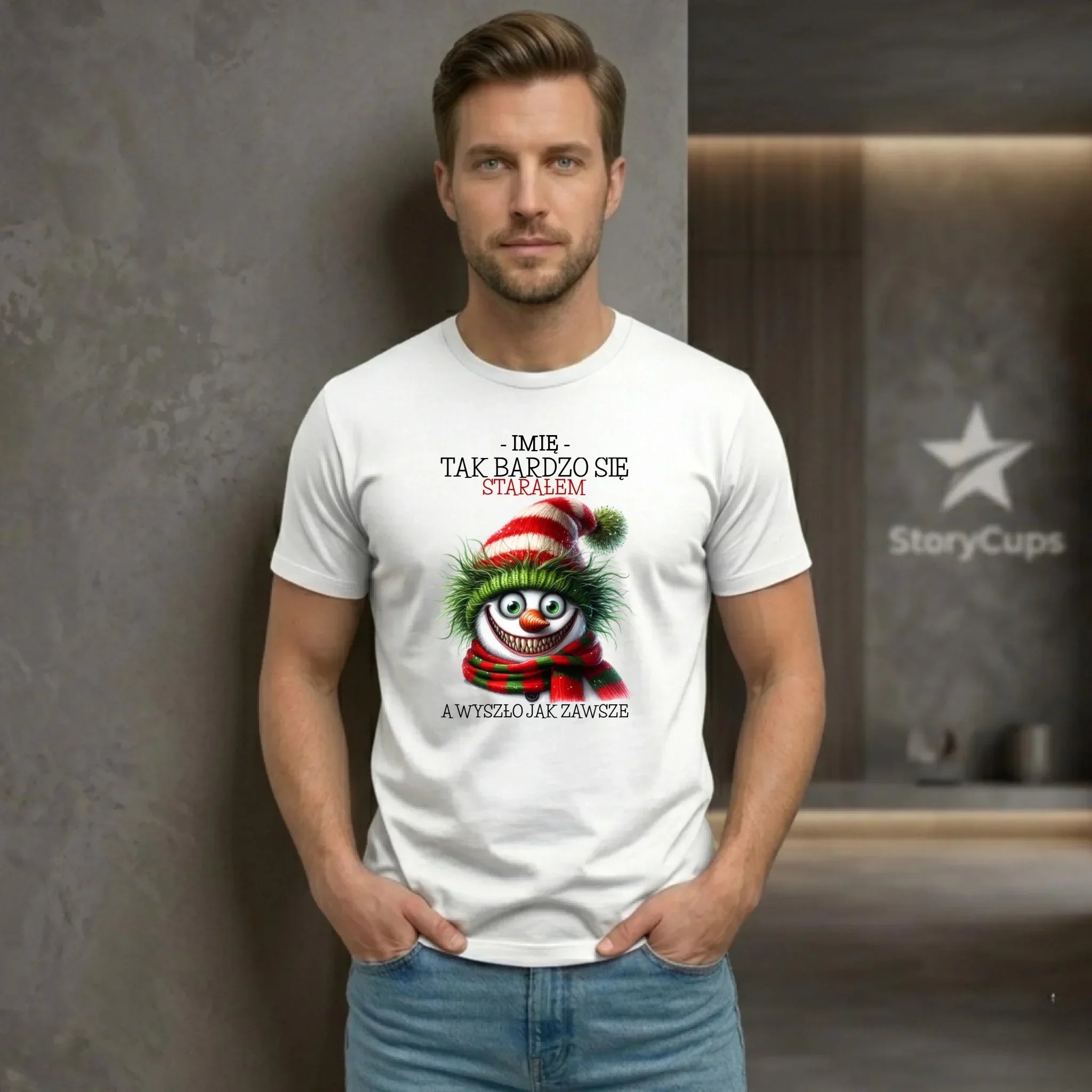 Koszulka męska świąteczna z bałwanem - Tak bardzo się starałem - personalizowana BN120 - StoryCups.pl