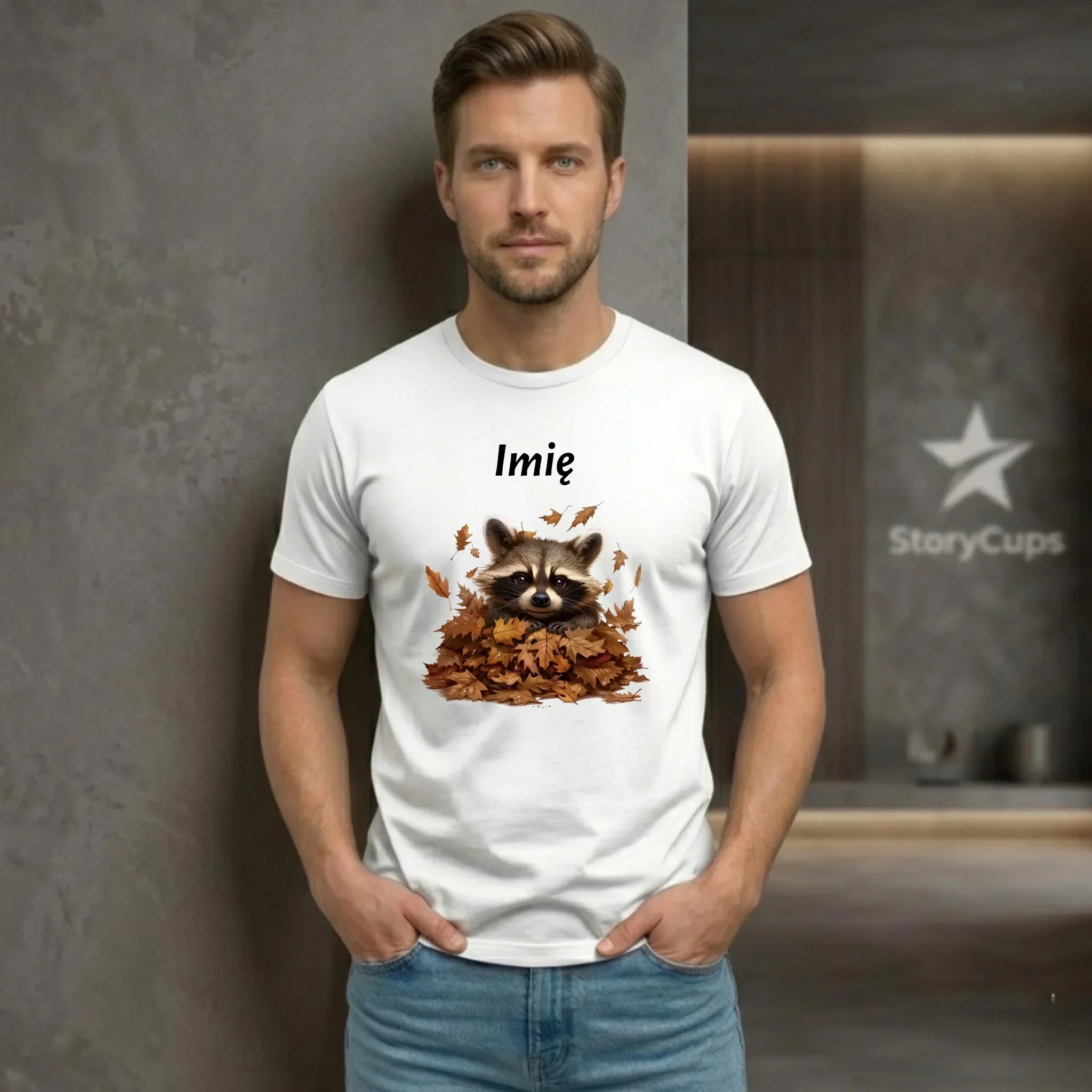 Koszulka męska jesienna - Szop w liściach - personalizowana JS24 - StoryCups.pl