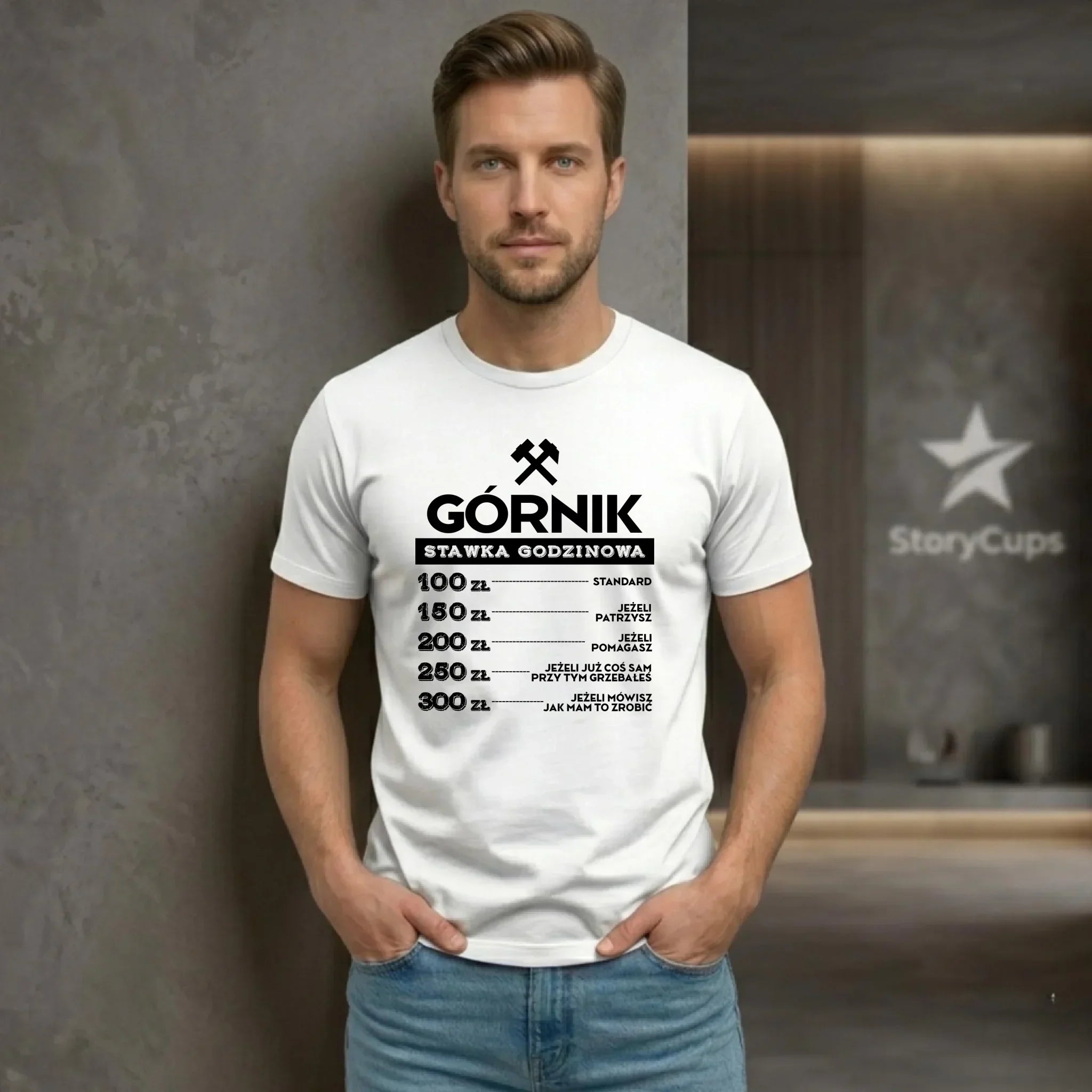 Koszulka męska - prezent dla górnika - Górnik stawka godzinowa G14 - StoryCups.pl