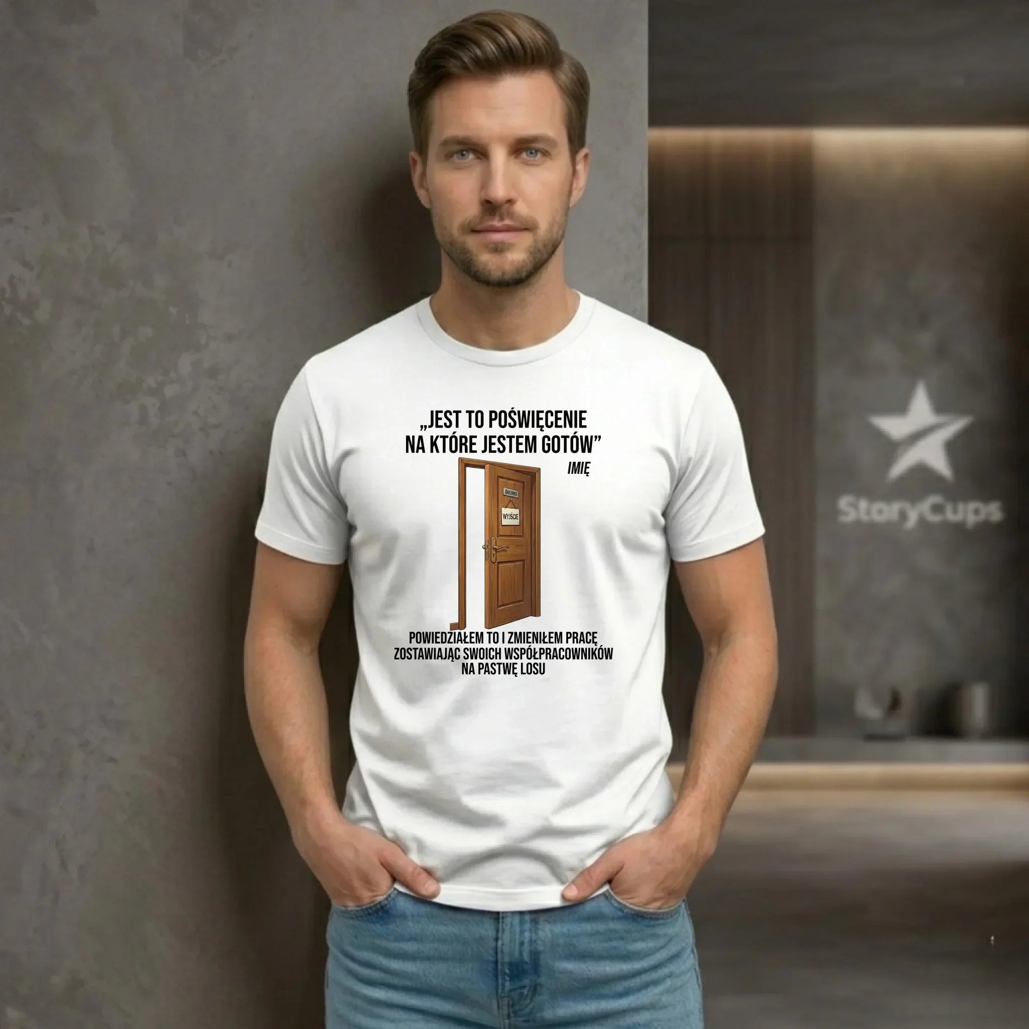 Koszulka męska na odejście z pracy - Poświęcenie, na które jestem gotów - personalizowana OP02 - StoryCups.pl