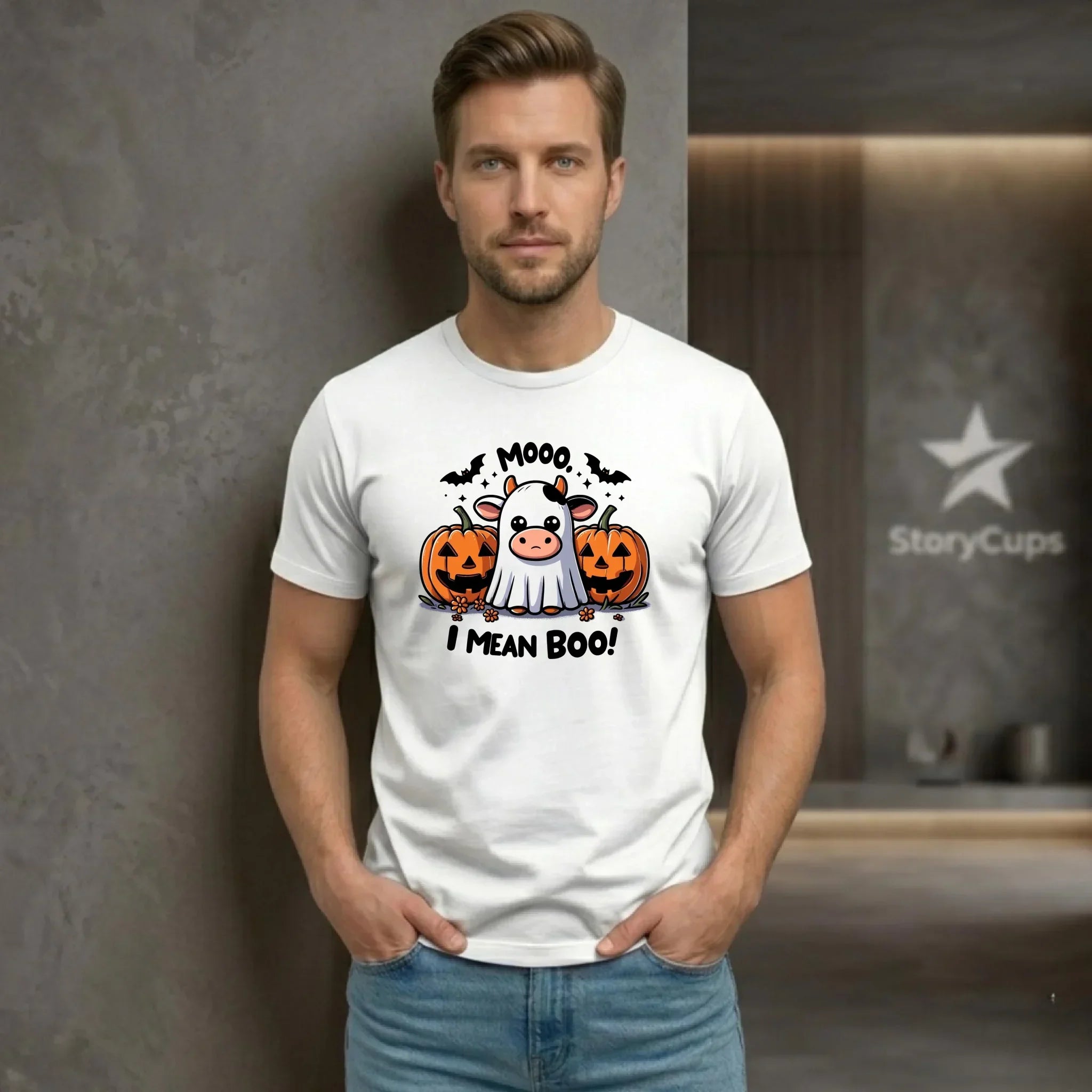 Koszulka męska na Halloween - Mooo I mean Boo! - z dynią i duchem HL14 - StoryCups.pl