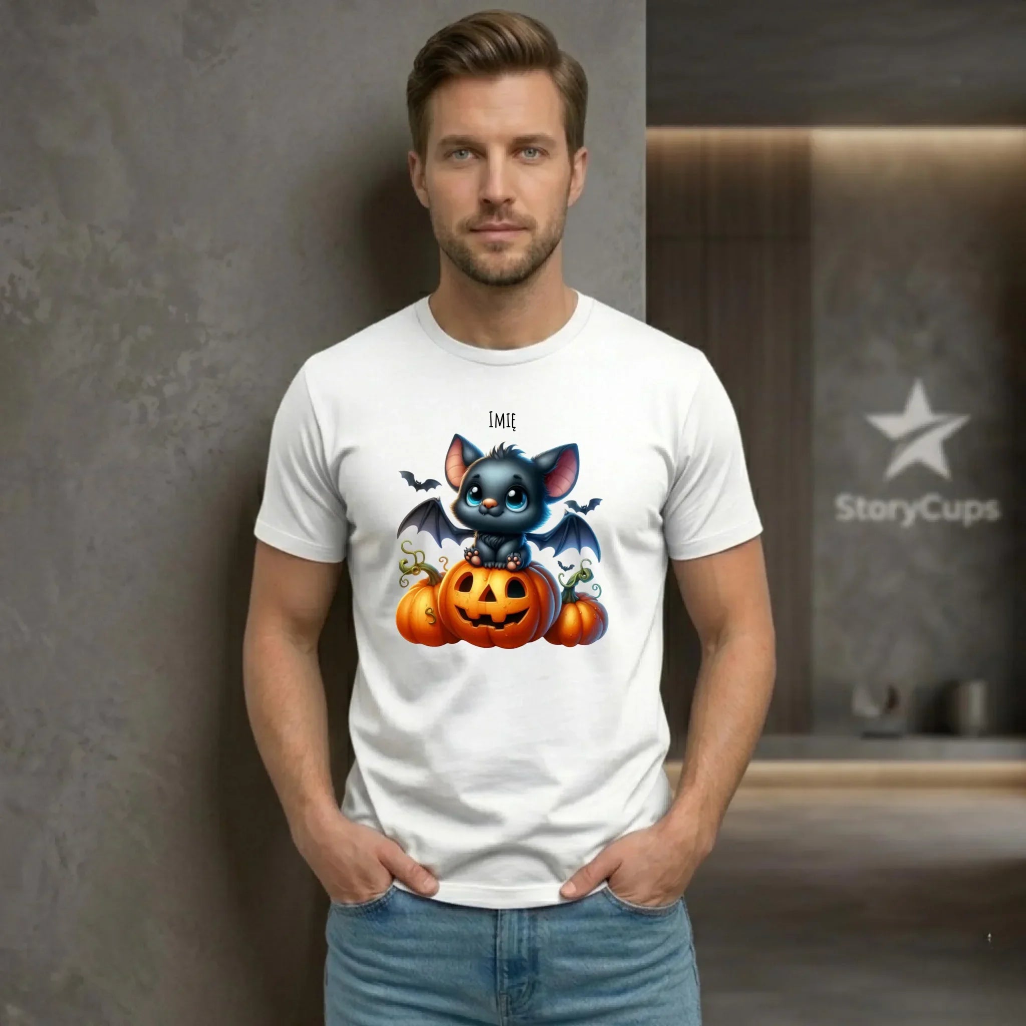 Koszulka męska halloweenowa - Słodki nietoperz z dynią - personalizowana HL09 - StoryCups.pl