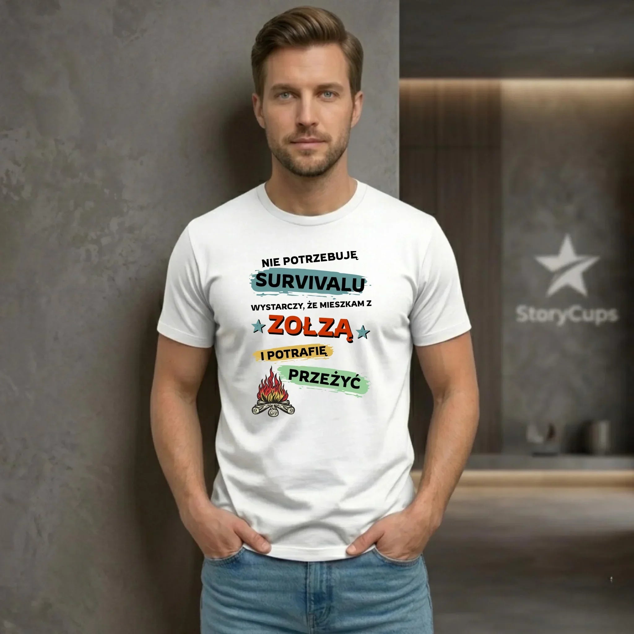 Koszulka męska – Prezent dla chłopaka męża - Nie potrzebuję survivalu, mieszkam z zołzą DCH25 - StoryCups.pl