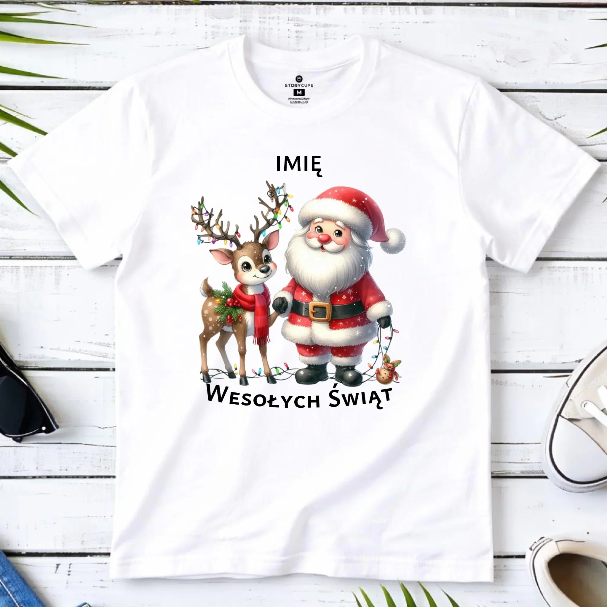 Koszulka męska świąteczna - Mikołaj z reniferem - personalizowana BN09 - StoryCups.pl