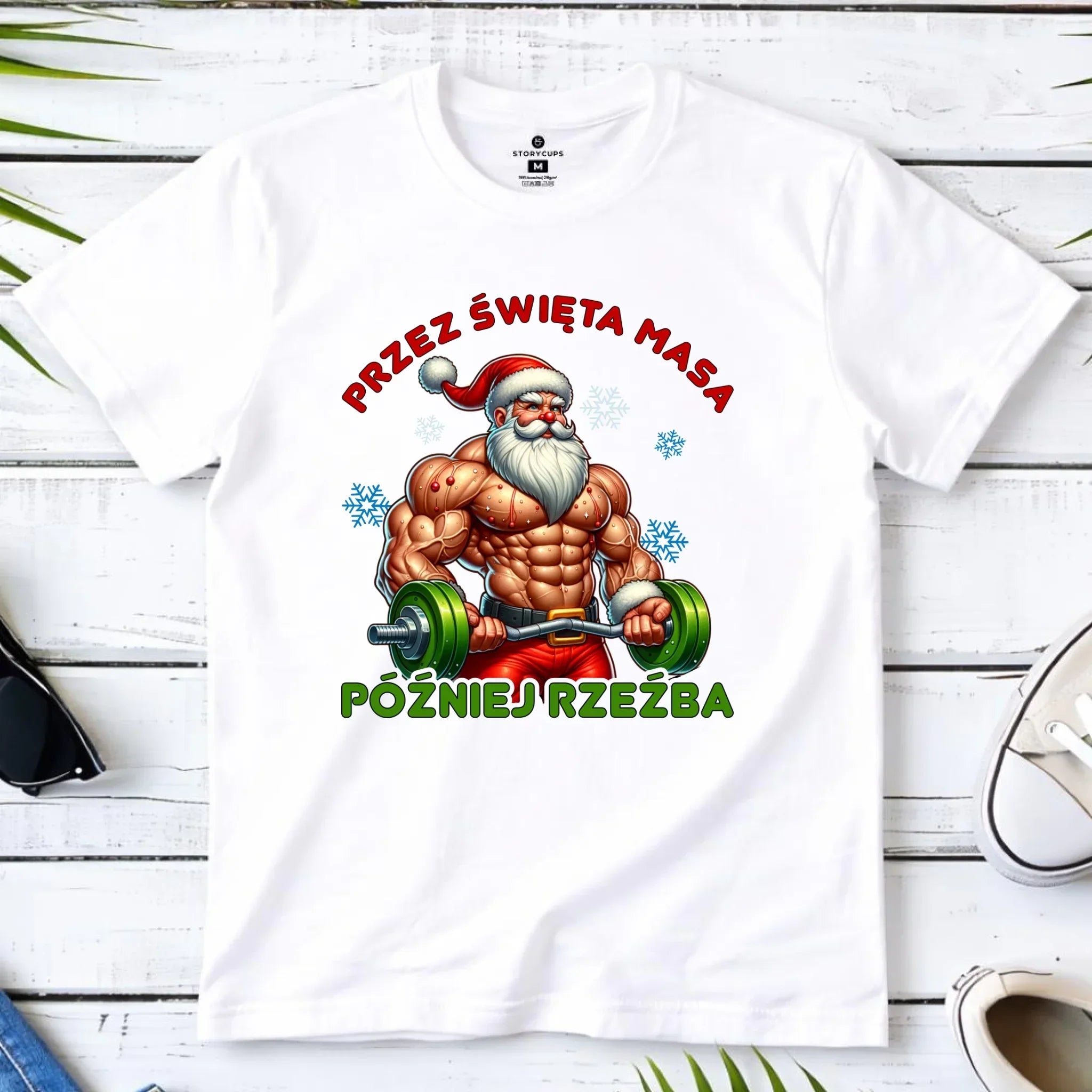 Koszulka męska świąteczna - Mikołaj na siłowni - Przez święta masa, później rzeźba BN139 - StoryCups.pl