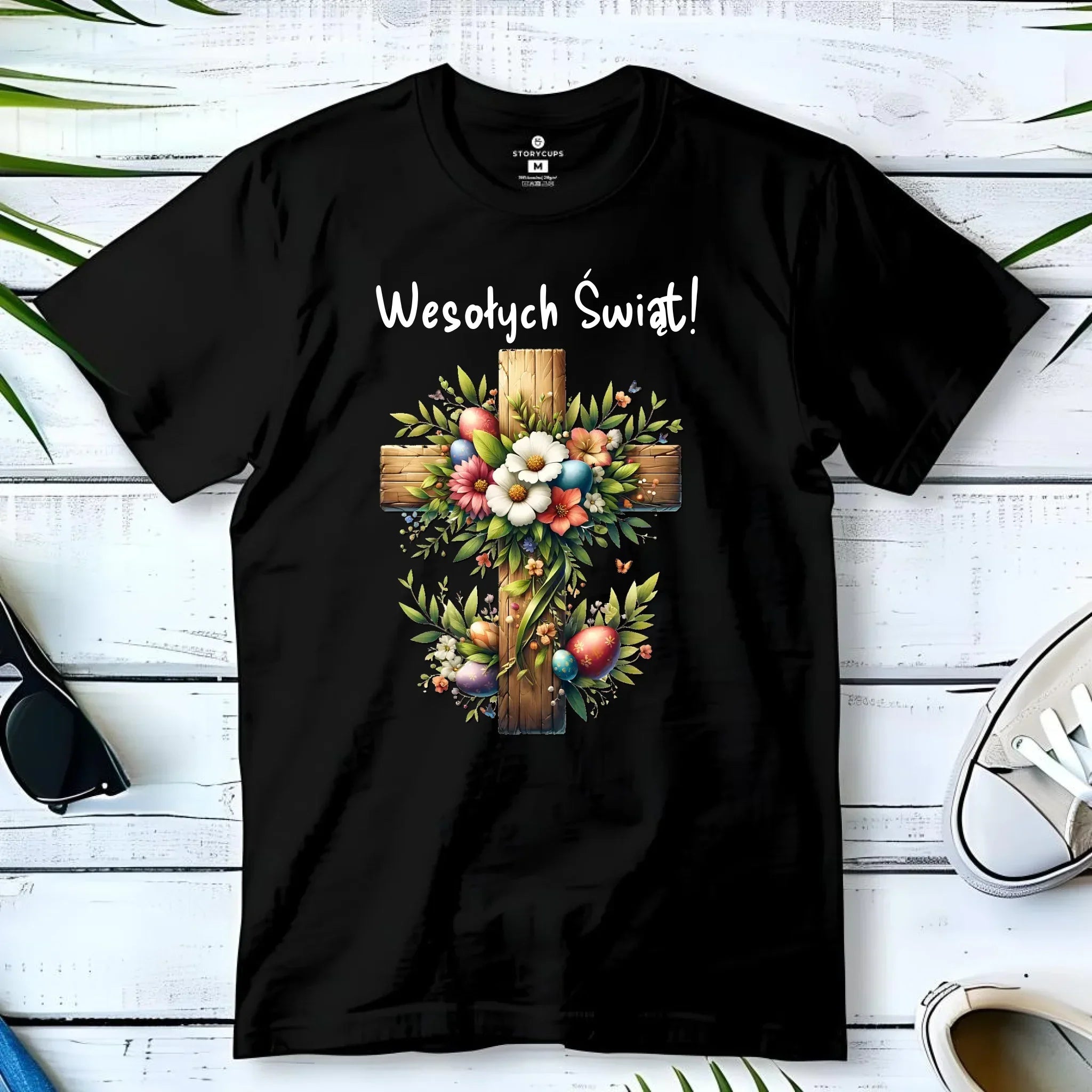 Koszulka męska na Wielkanoc - Krzyż z kwiatami Wesołych Świąt WN02 - StoryCups.pl