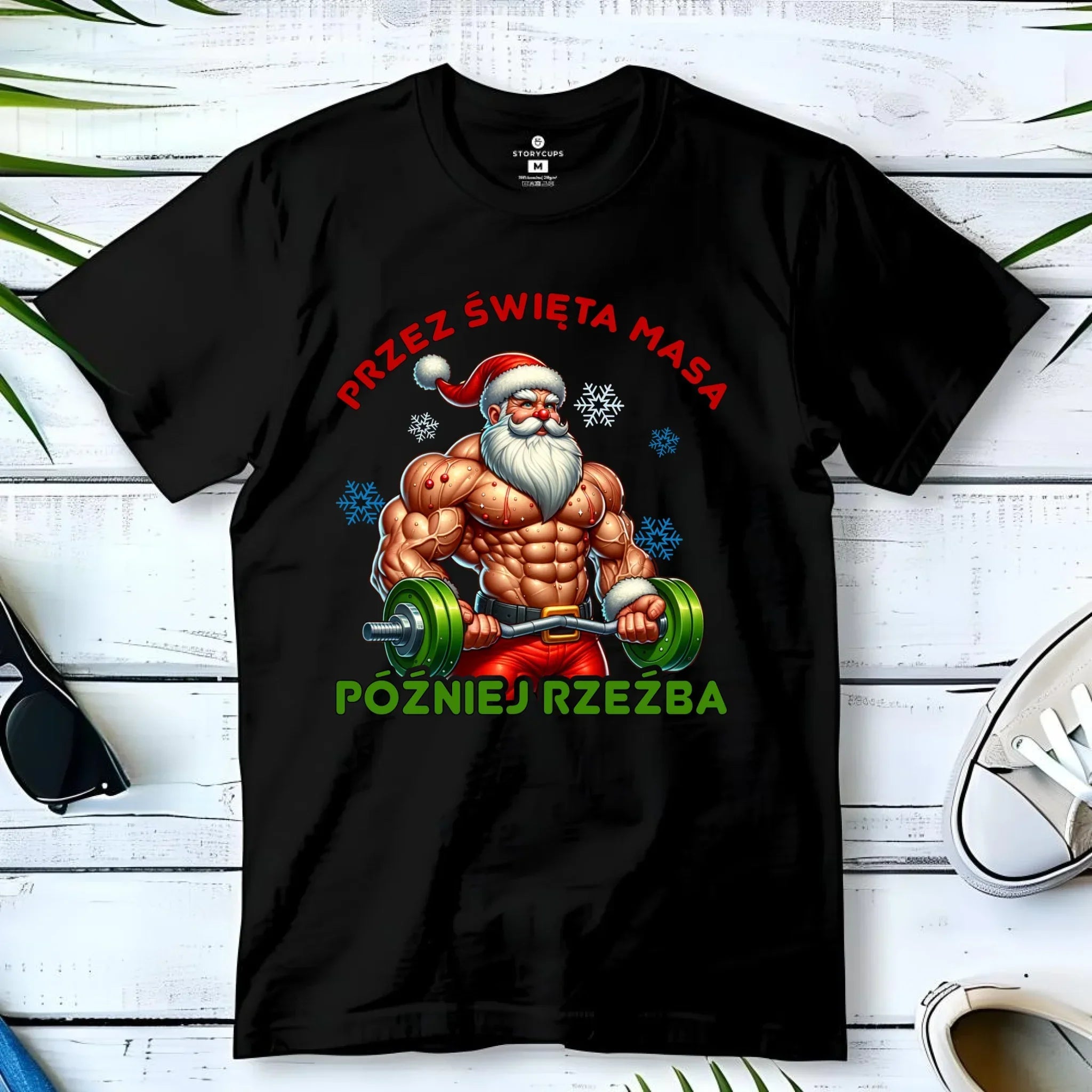 Koszulka męska świąteczna - Mikołaj na siłowni - Przez święta masa, później rzeźba BN139 - StoryCups.pl