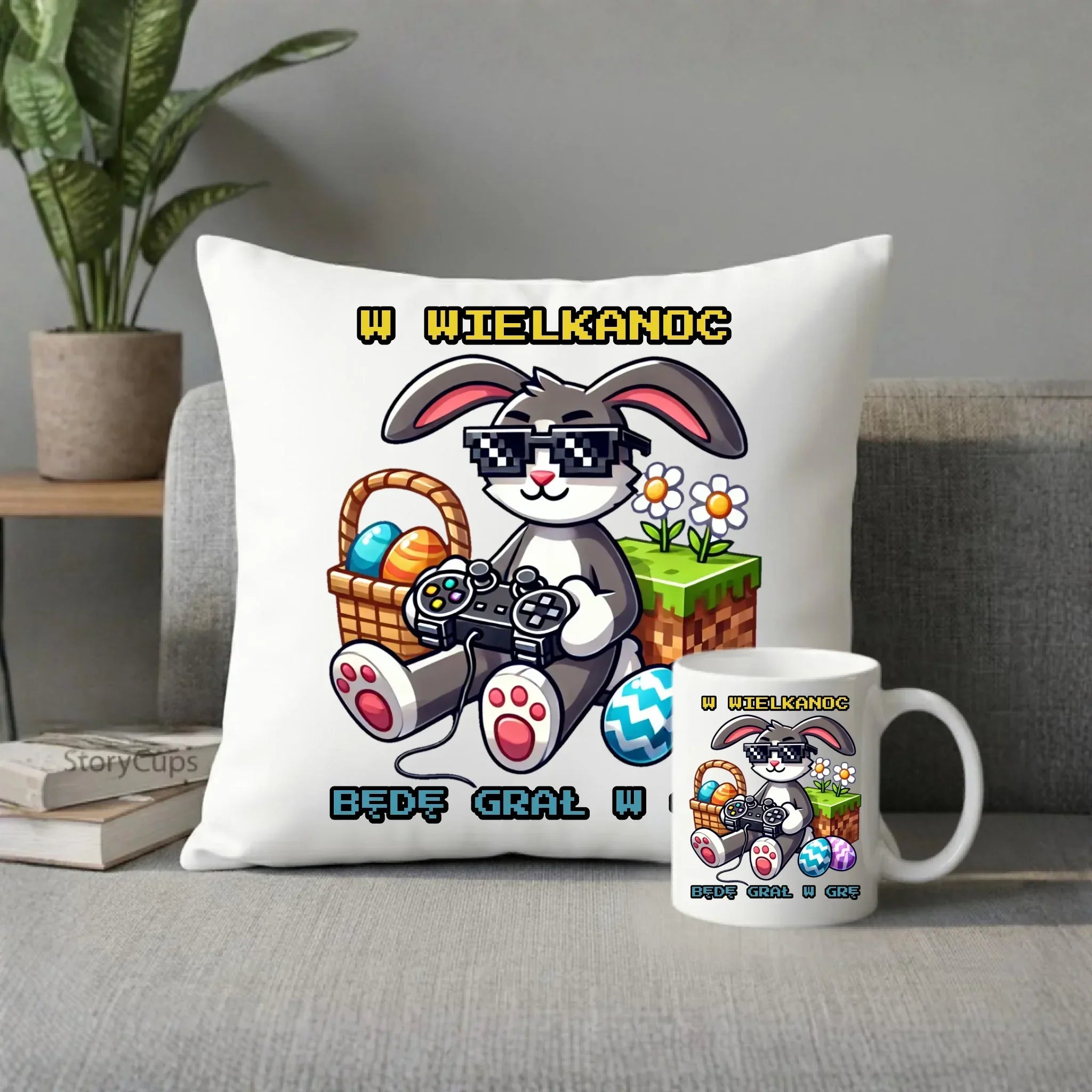Zestaw poduszka i kubek Wielkanocny - Zajączek w stylu Minecraft Gamer WN22 - StoryCups.pl
