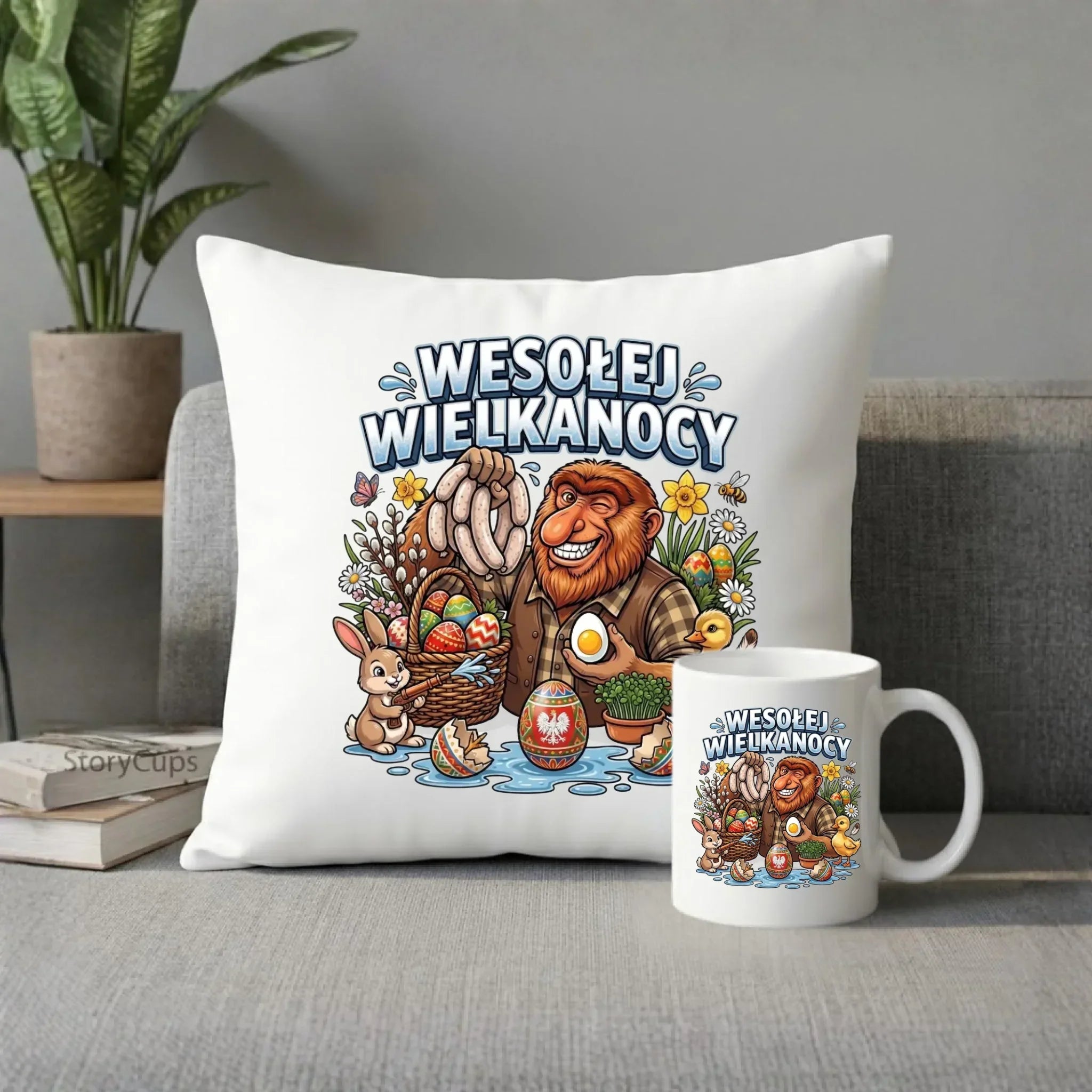 Zestaw poduszka i kubek wielkanocny - Janusz Nosacz - Wesołej Wielkanocy WN21 - StoryCups.pl