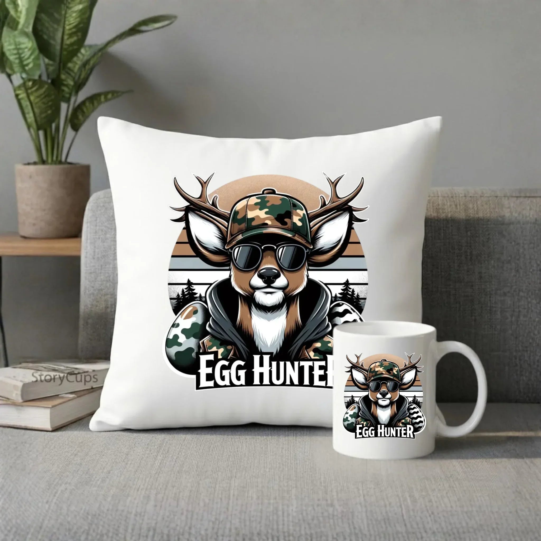Zestaw poduszka i kubek wielkanocny - Jeleń Survival Egg hunter WN19 - StoryCups.pl
