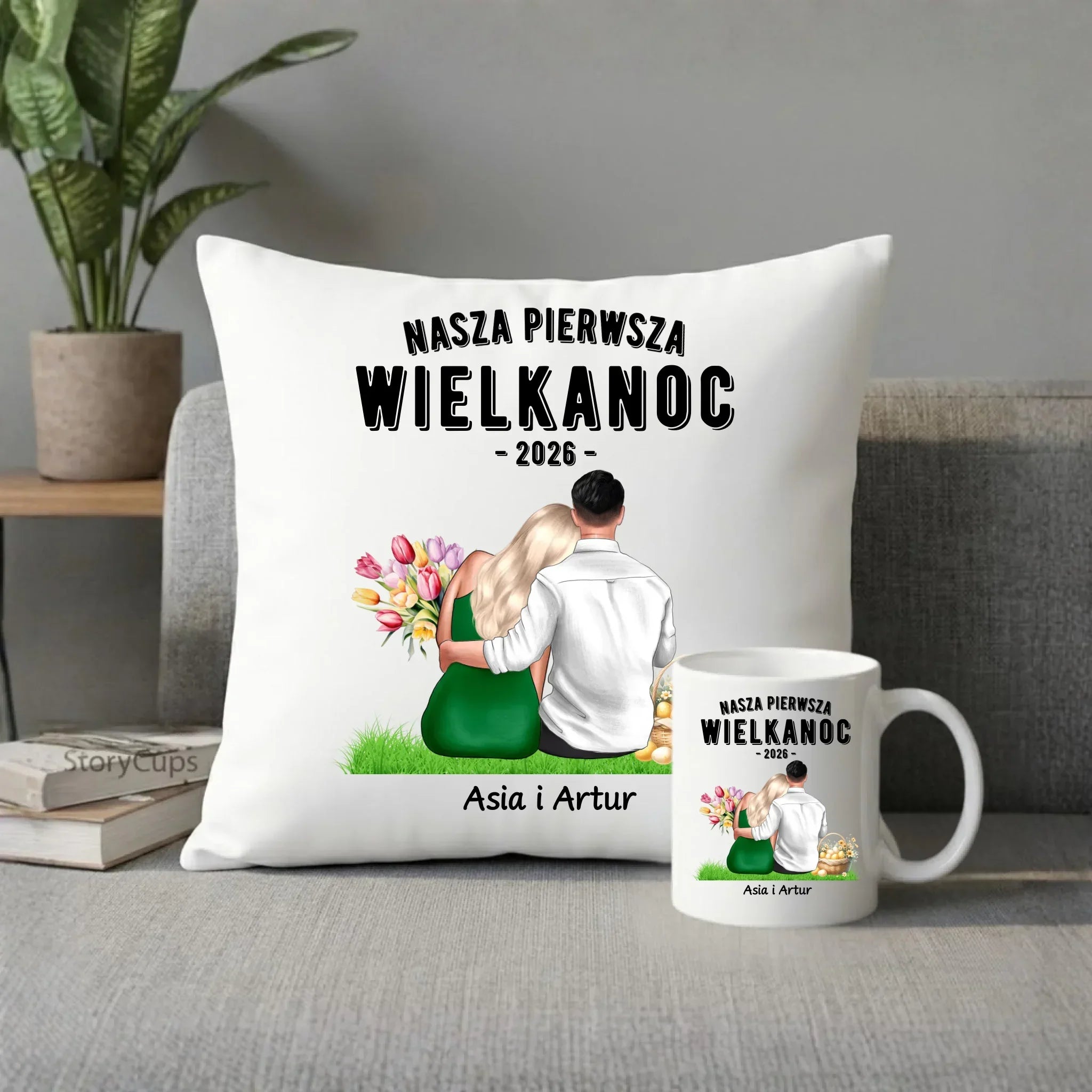 Zestaw poduszka i kubek wielkanocny dla par - Nasza pierwsza Wielkanoc - personalizowany WN16 - StoryCups.pl