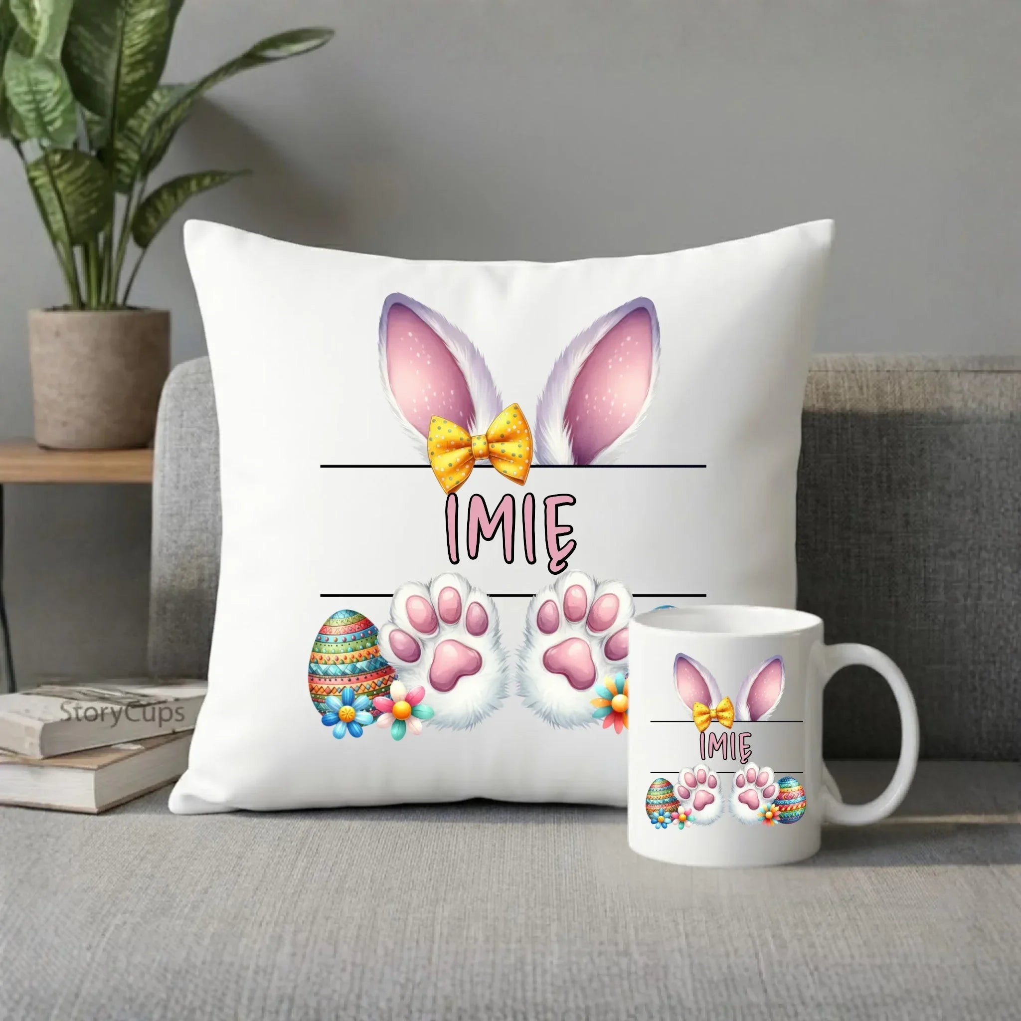 Zestaw poduszka i kubek wielkanocny - Zajączek - personalizowany WN13 - StoryCups.pl
