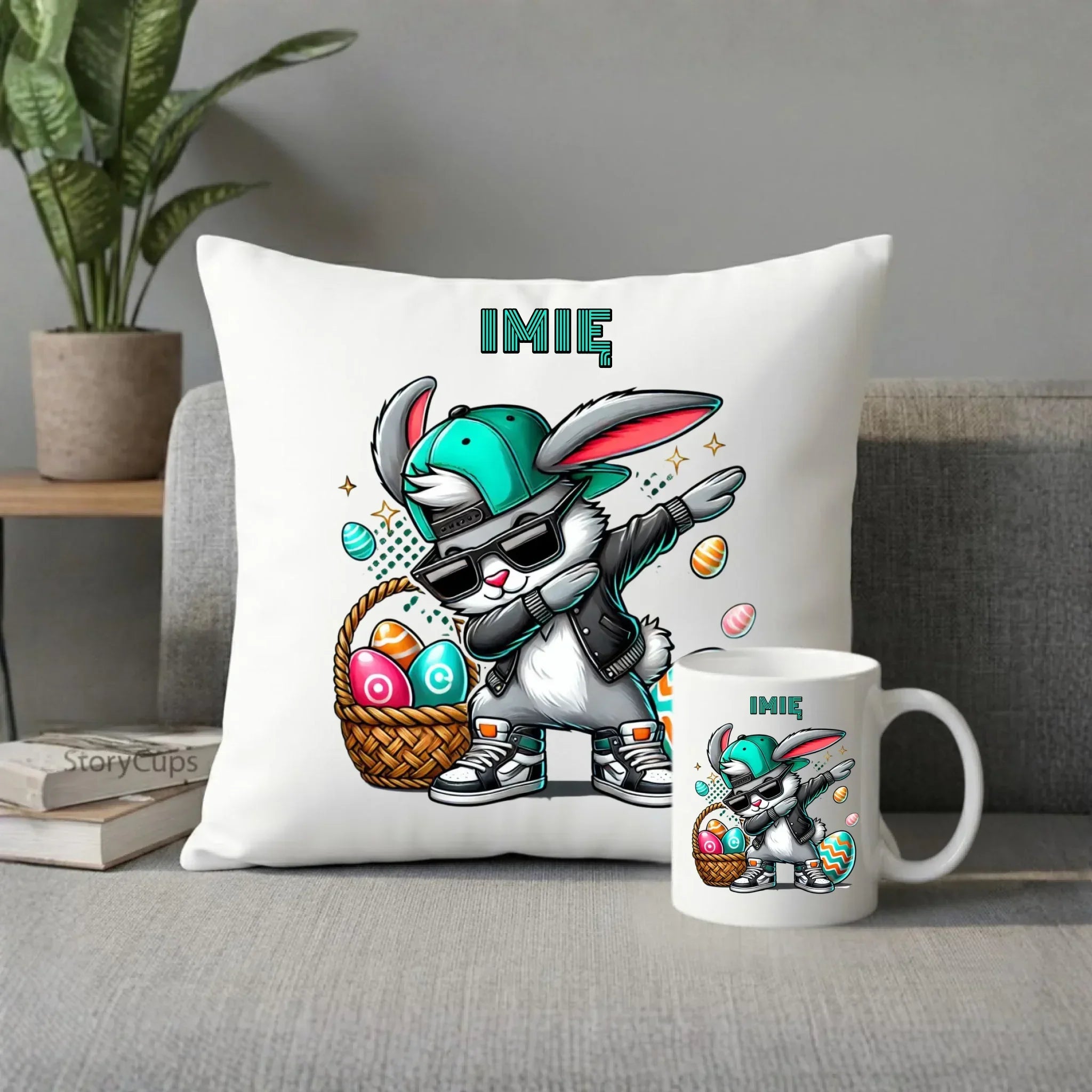 Zestaw poduszka i kubek na Wielkanoc - Zajączek Dab dance - personalizowany WN09 - StoryCups.pl