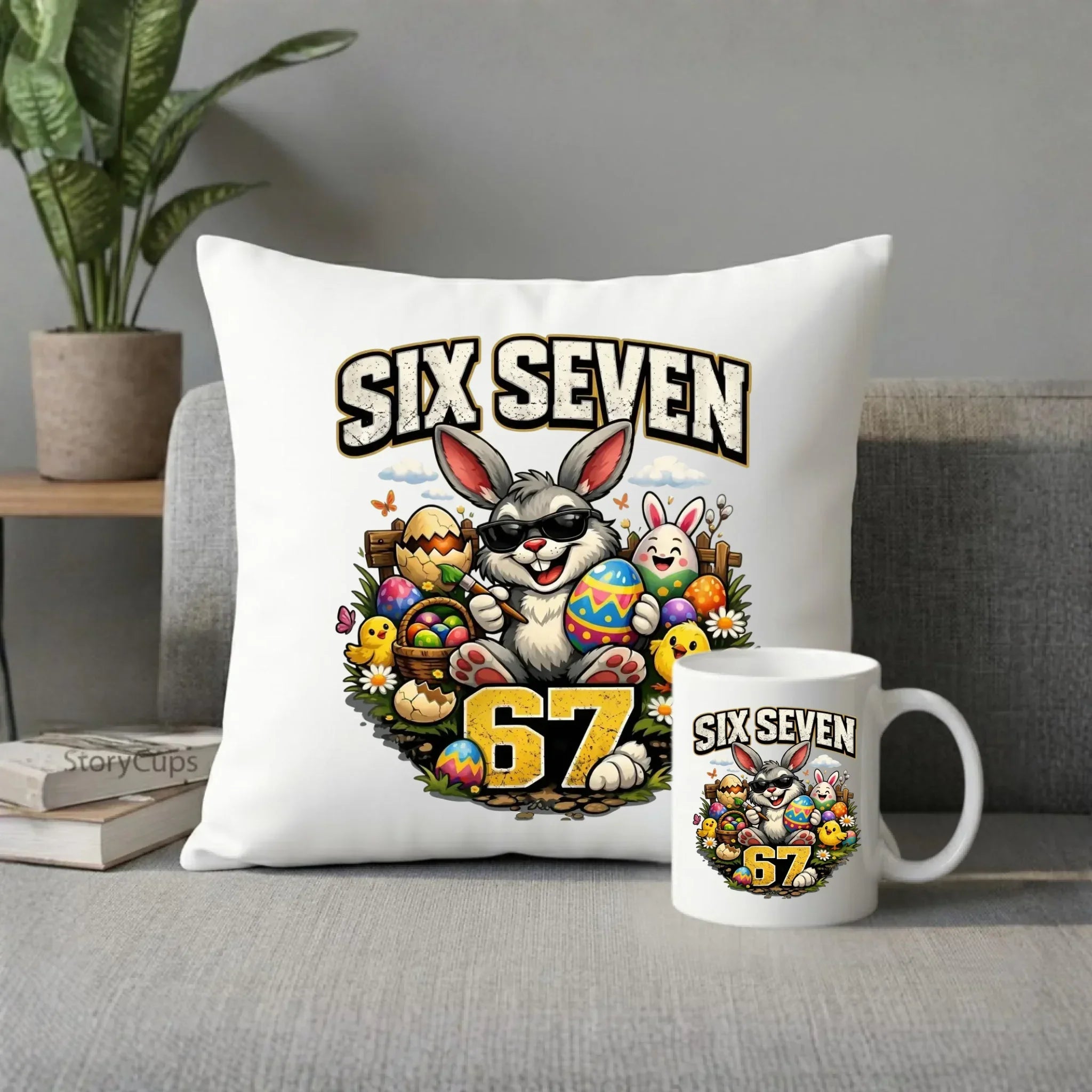Zestaw poduszka i kubek wielkanocny - Zając Six Seven 67 WN10 - StoryCups.pl
