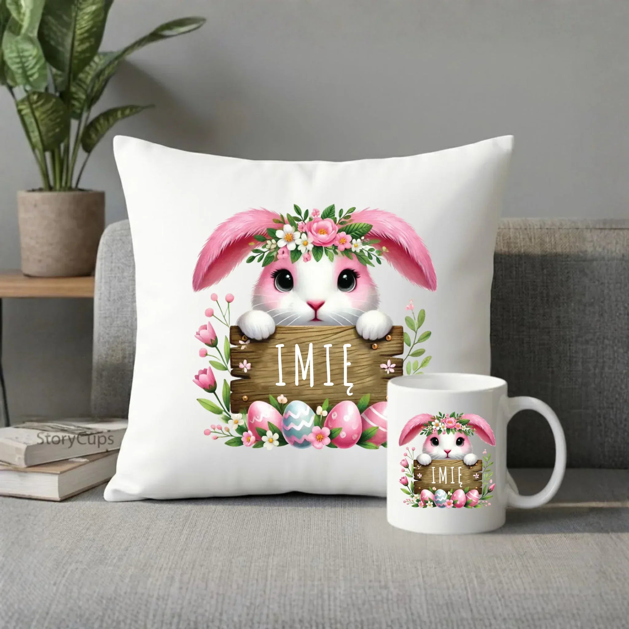 Zestaw poduszka i kubek na Wielkanoc - Słodki Różowy Zajączek - Prezent personalizowany WN07 - StoryCups.pl