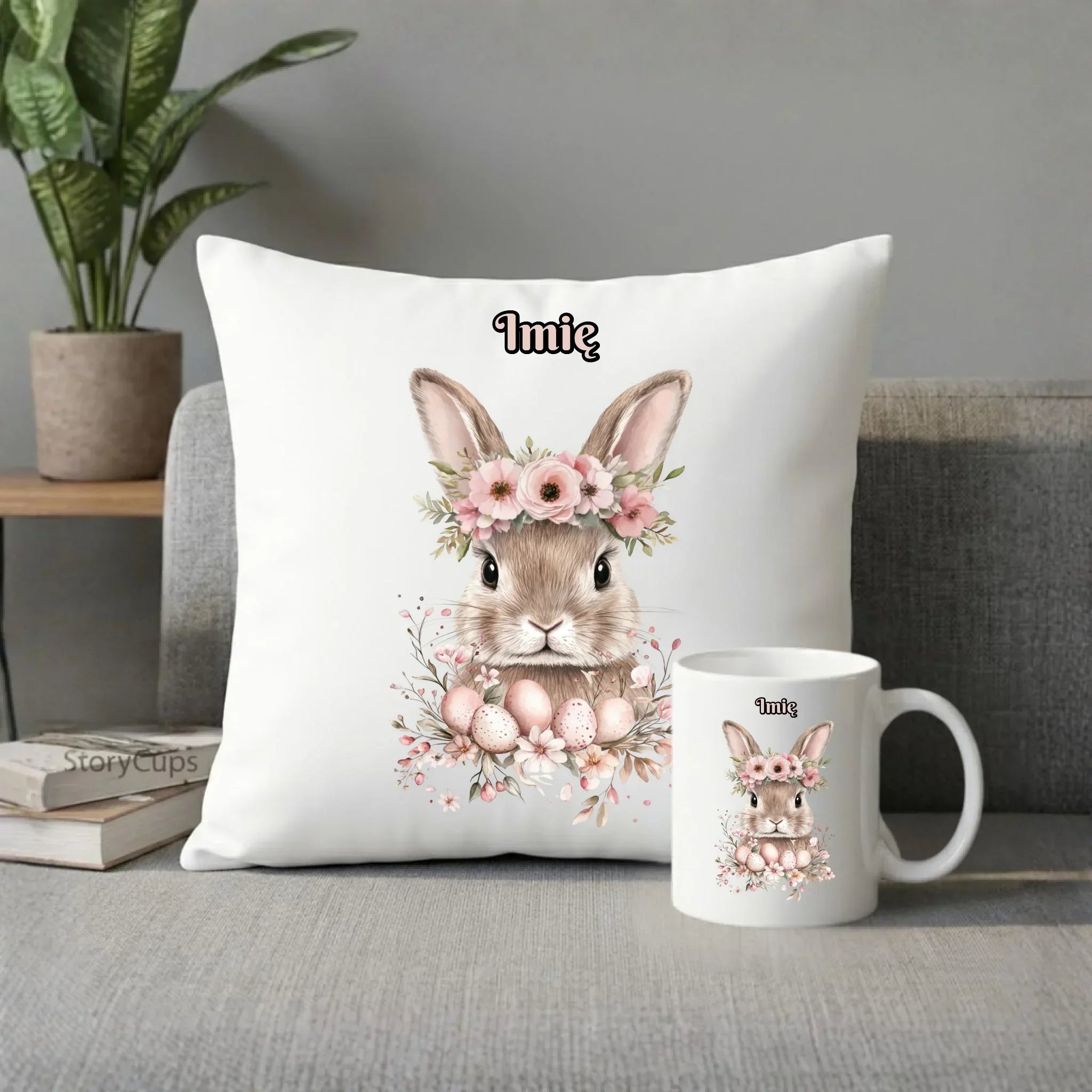 Zestaw poduszka i kubek na Wielkanoc - Zajączek Boho - Prezent personalizowany WN05 - StoryCups.pl