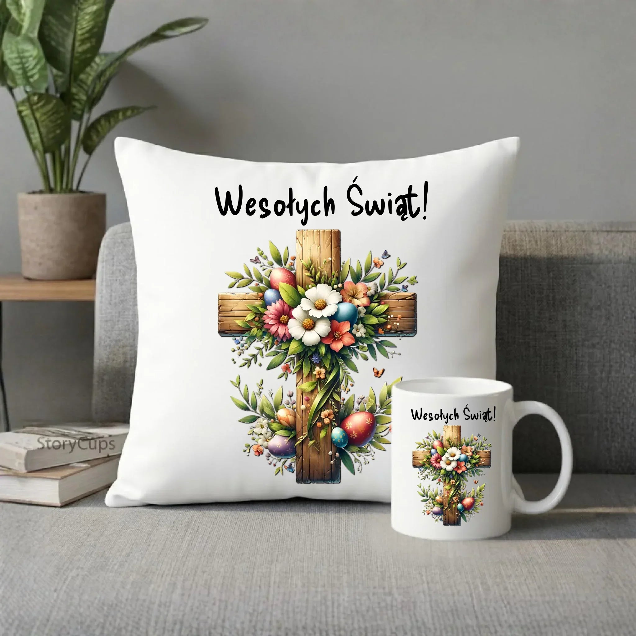 Zestaw poduszka i kubek na Wielkanoc - Krzyż z kwiatami Wesołych Świąt WN02 - StoryCups.pl
