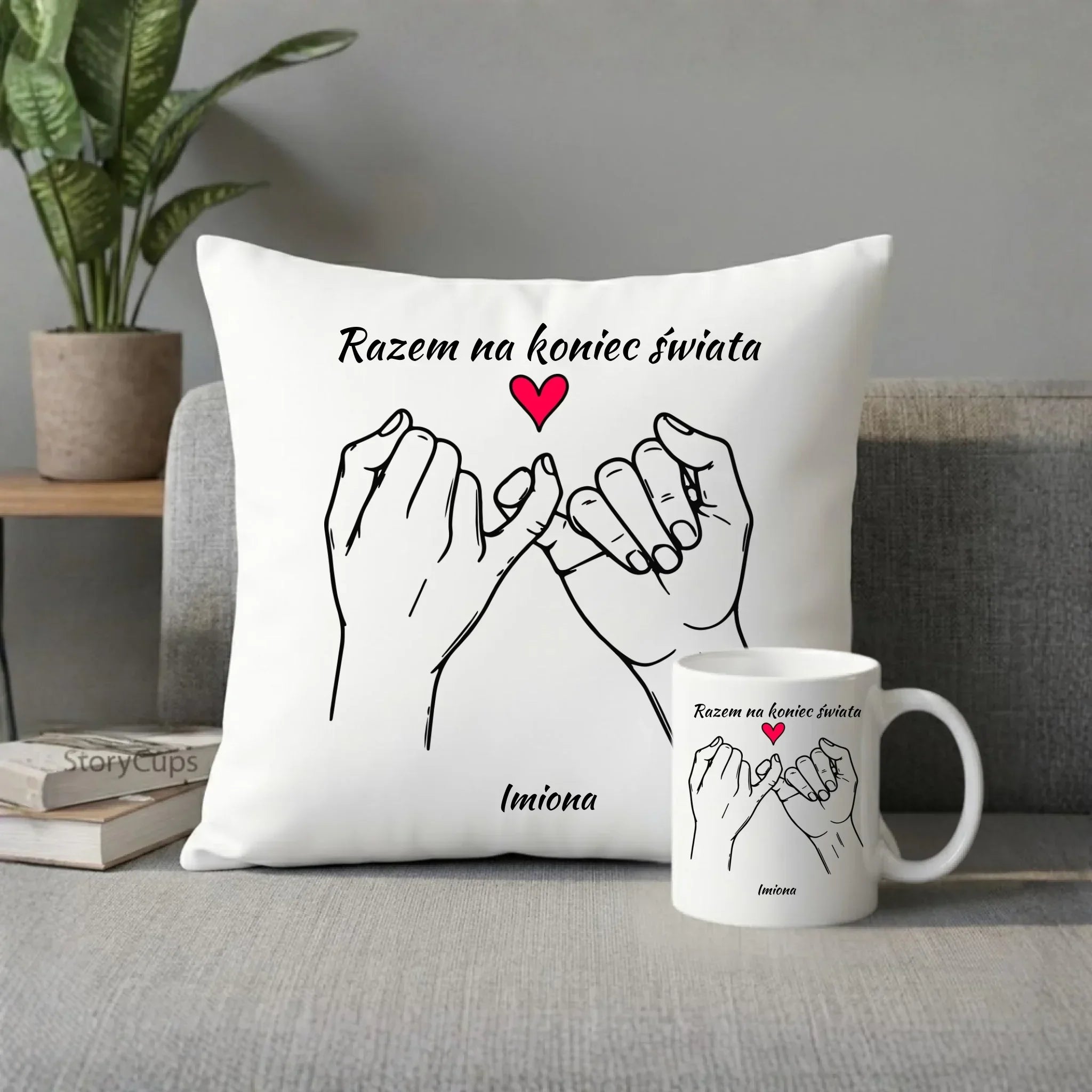 Zestaw poduszka i kubek dla par - Razem na koniec świata - personalizowany W60 - StoryCups.pl