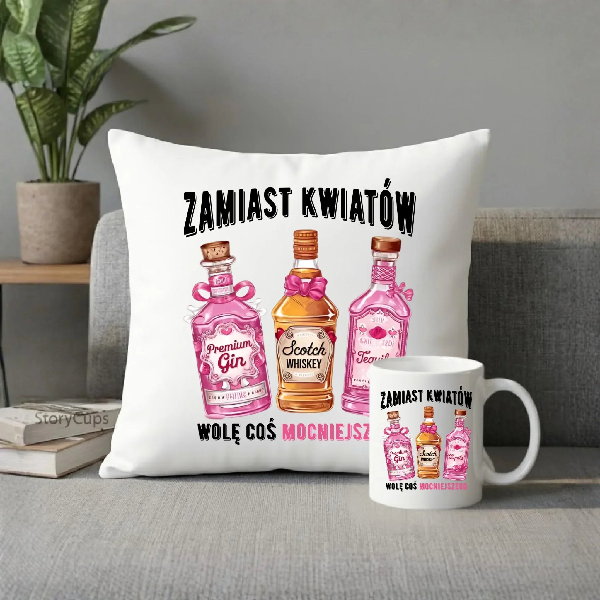 Zestaw poduszka i kubek dla niej - Zamiast kwiatów wolę coś mocniejszego W42 - StoryCups.pl