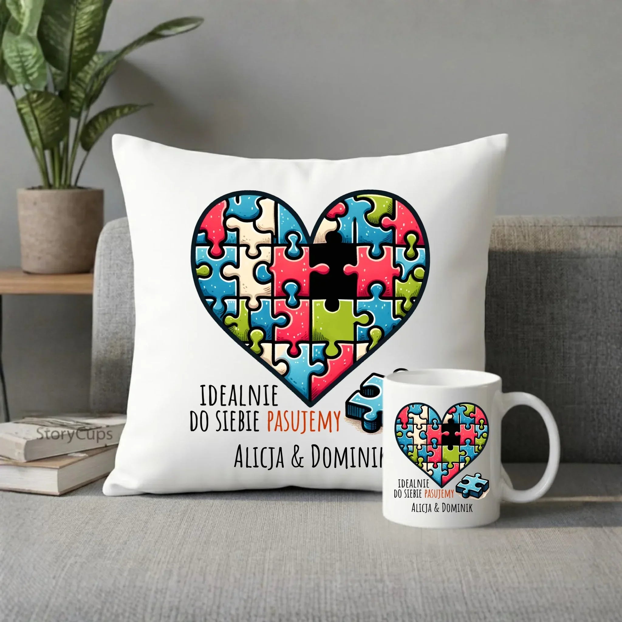 Zestaw poduszka i kubek dla par - Idealnie do siebie pasujemy - personalizowany W44 - StoryCups.pl
