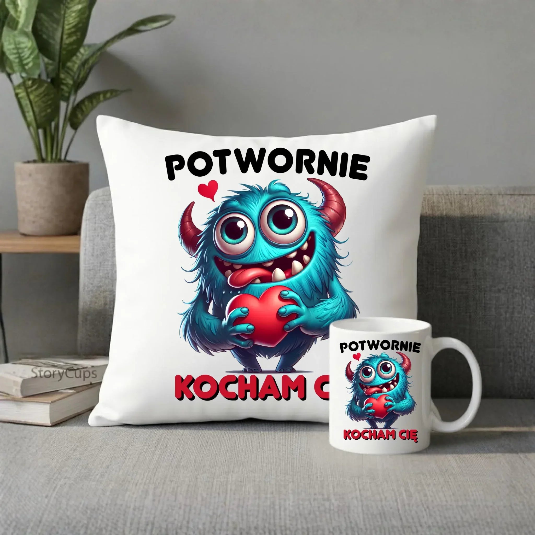 Zestaw poduszka i kubek dla par - Potwornie Kocham Cię W45 - StoryCups.pl