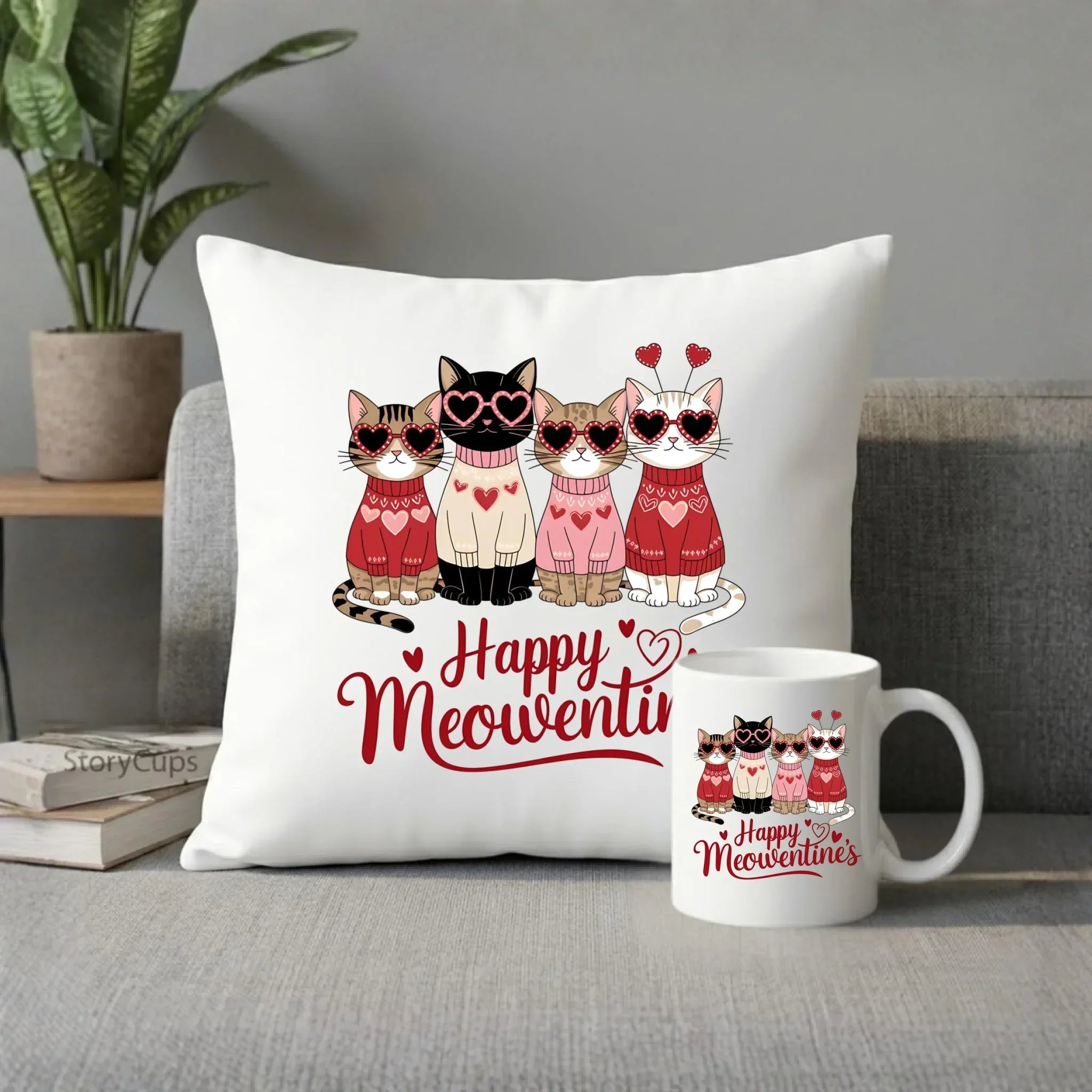 Zestaw poduszka i kubek na Walentynki dla kociary - Happy Meowentine's W25 - StoryCups.pl
