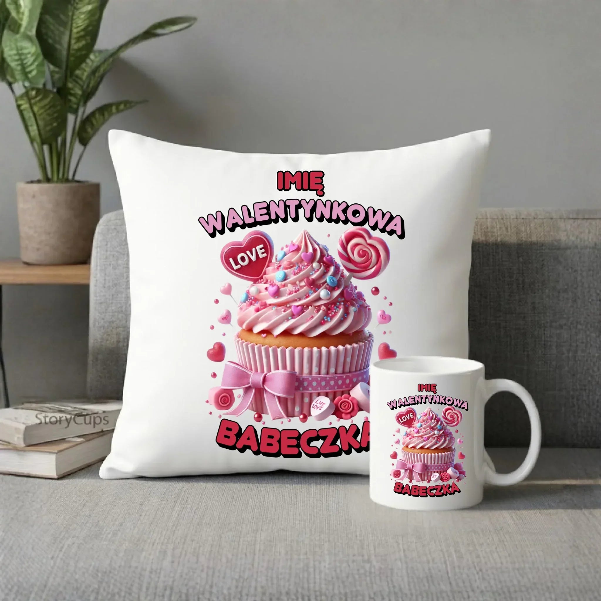 Zestaw poduszka i kubek na Walentynki - Walentynkowa Babeczka - personalizowany W21 - StoryCups.pl