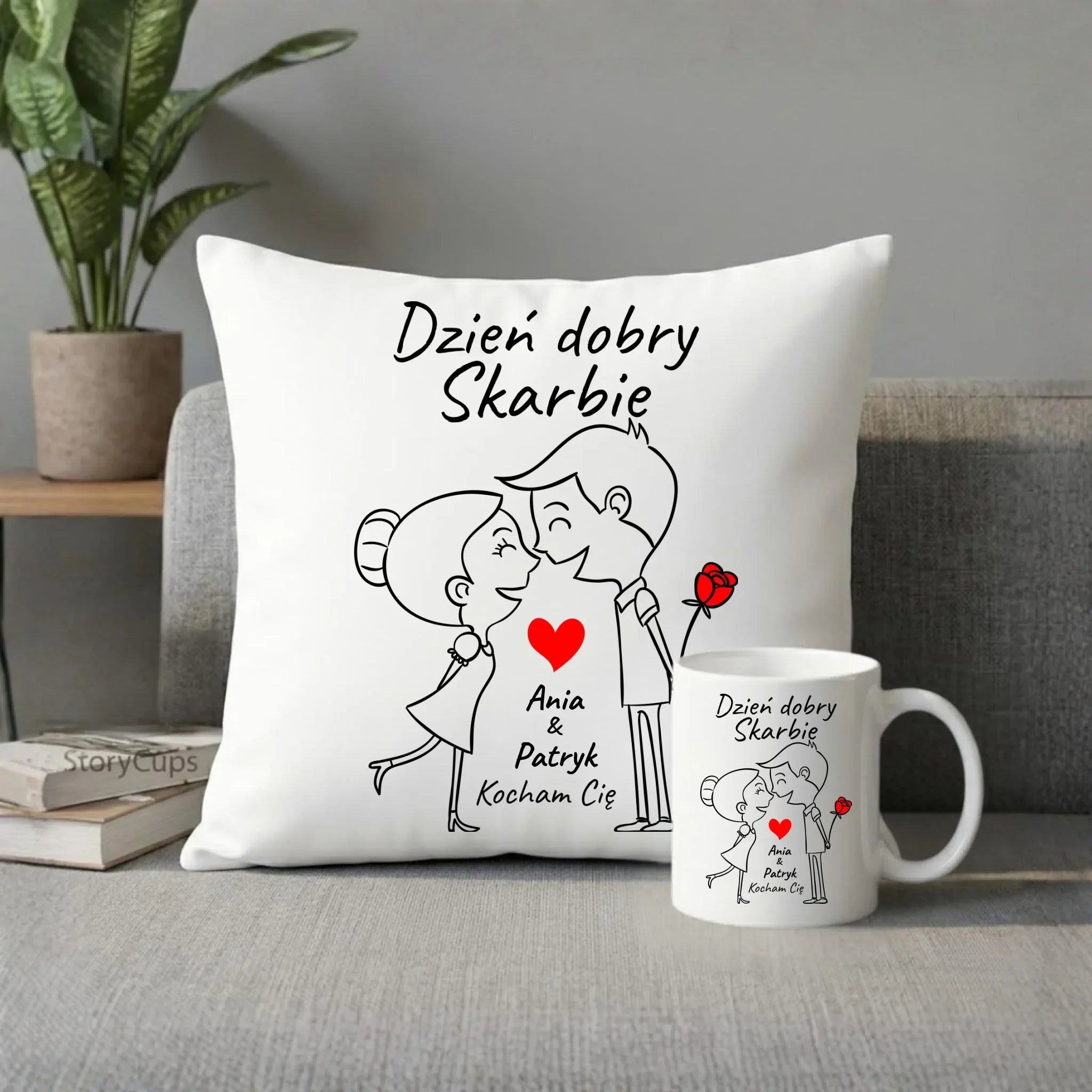 Zestaw poduszka i kubek dla par - Dzień dobry Skarbie - personalizowany W15 - StoryCups.pl