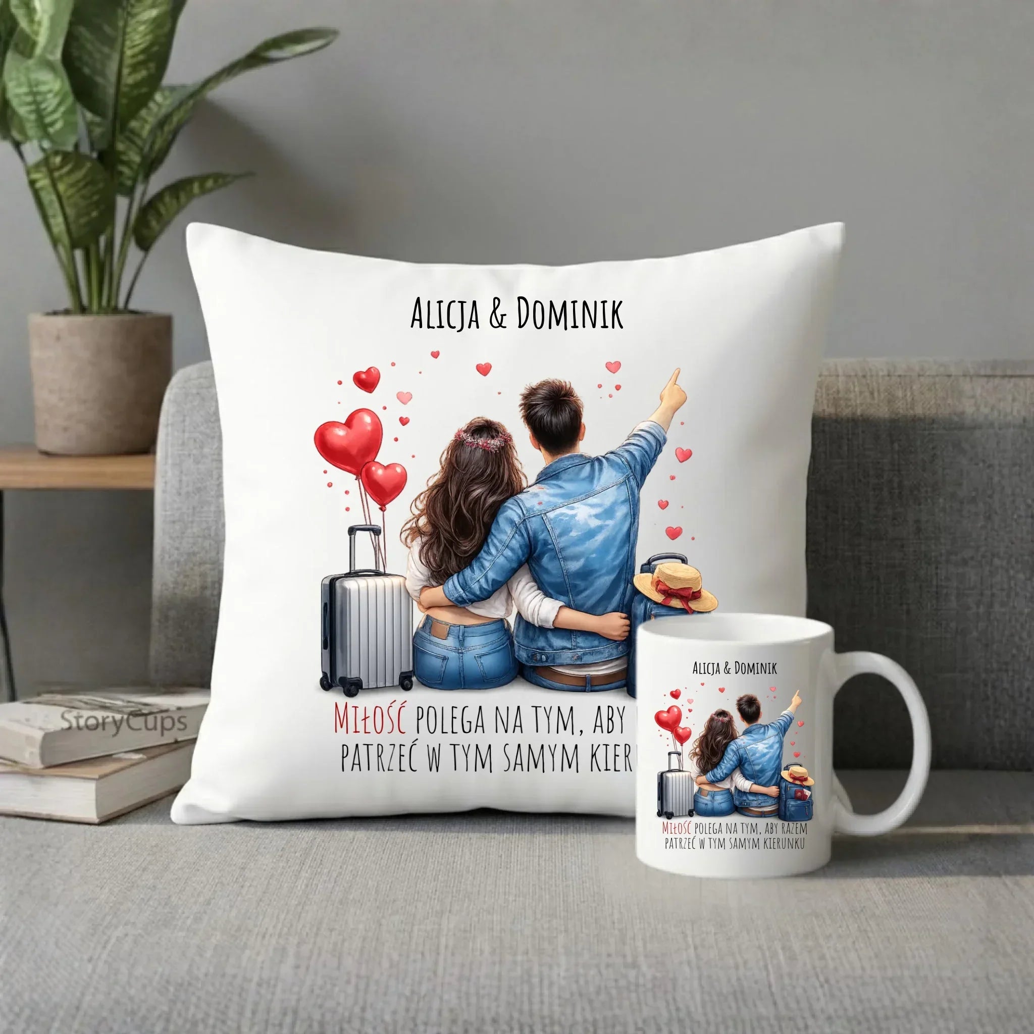 Zestaw poduszka i kubek dla par - Para w podróży miłość - personalizowany W12 - StoryCups.pl
